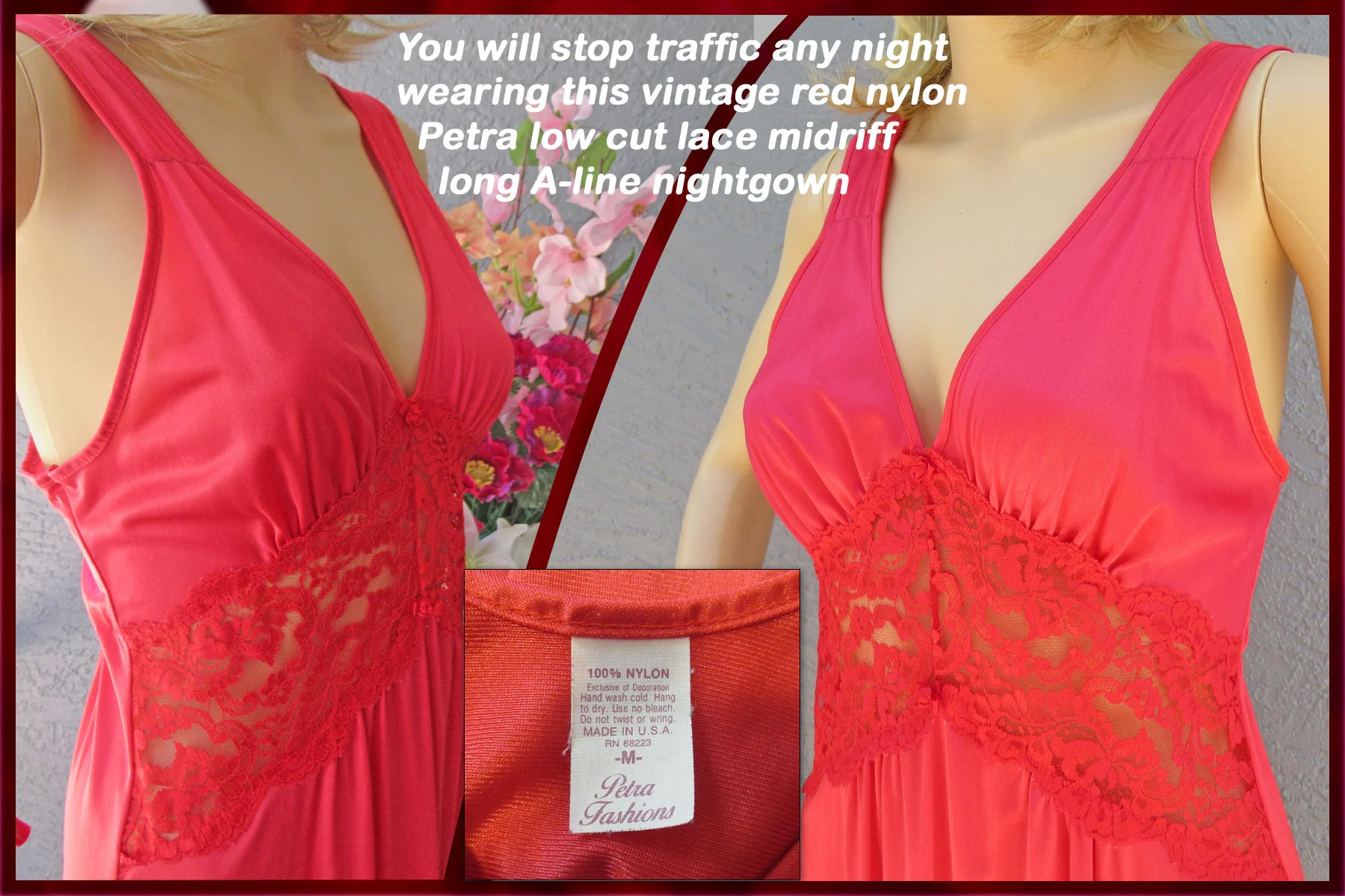 Sz Med V-Neck Nightgown Nylon with Sheer Lace and Low Cut Bodice, 34 - 36 Inch Bust, Bright Red Petra Fashions Flattering Long, Made Usa, Vtg - Image 5