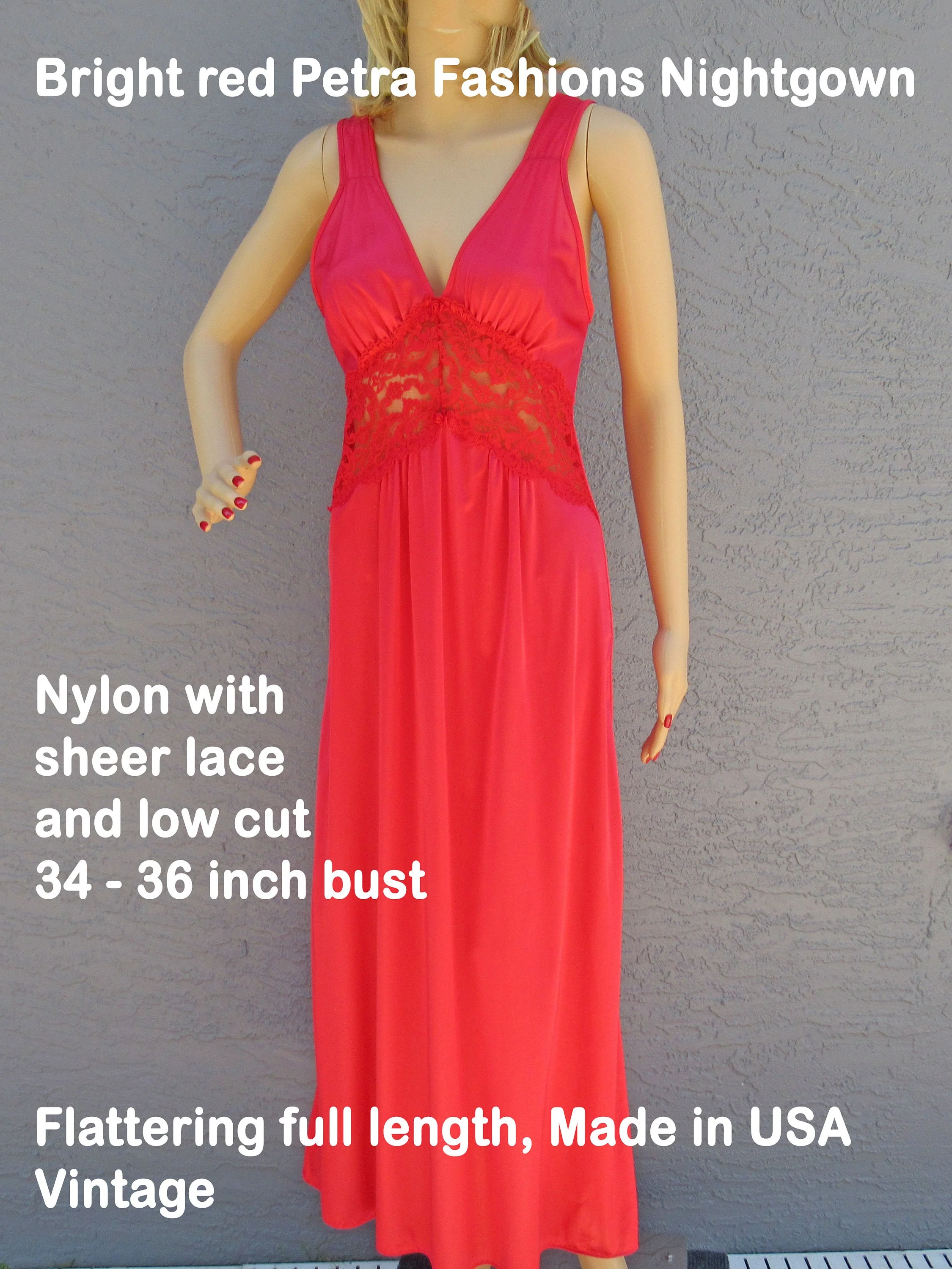 Sz Med V-Neck Nightgown Nylon with Sheer Lace and Low Cut Bodice, 34 - 36 Inch Bust, Bright Red Petra Fashions Flattering Long, Made Usa, Vtg - Image 6