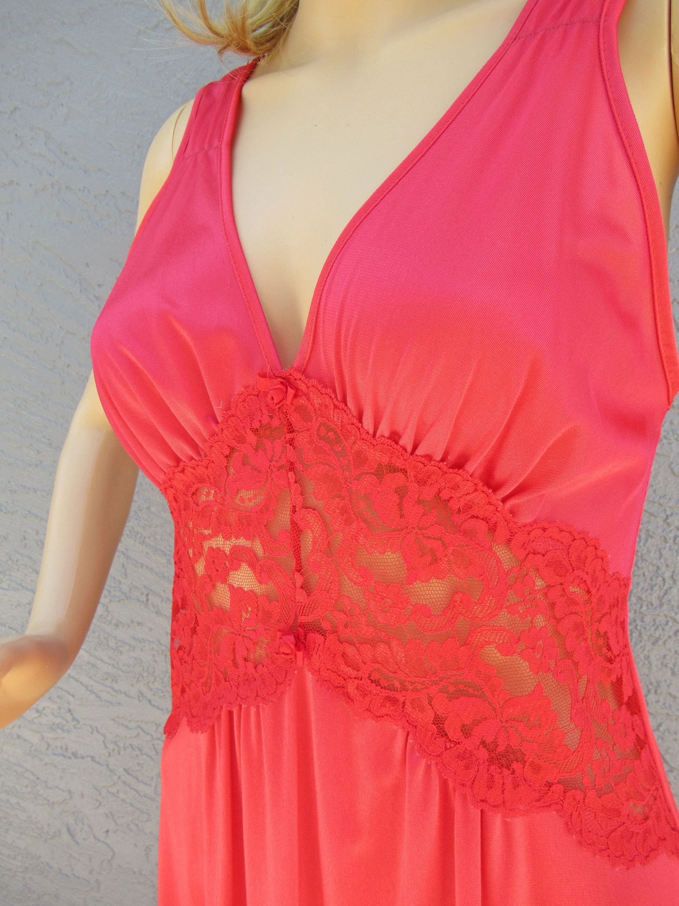 Sz Med V-Neck Nightgown Nylon with Sheer Lace and Low Cut Bodice, 34 - 36 Inch Bust, Bright Red Petra Fashions Flattering Long, Made Usa, Vtg - Image 7