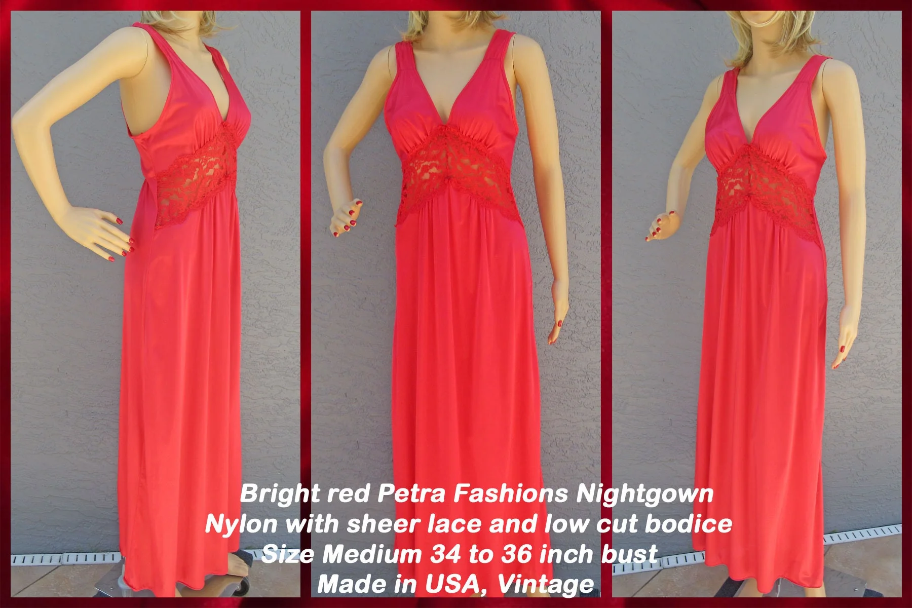 Sz Med V-Neck Nightgown Nylon with Sheer Lace and Low Cut Bodice, 34 - 36 Inch Bust, Bright Red Petra Fashions Flattering Long, Made Usa, Vtg - Image 8