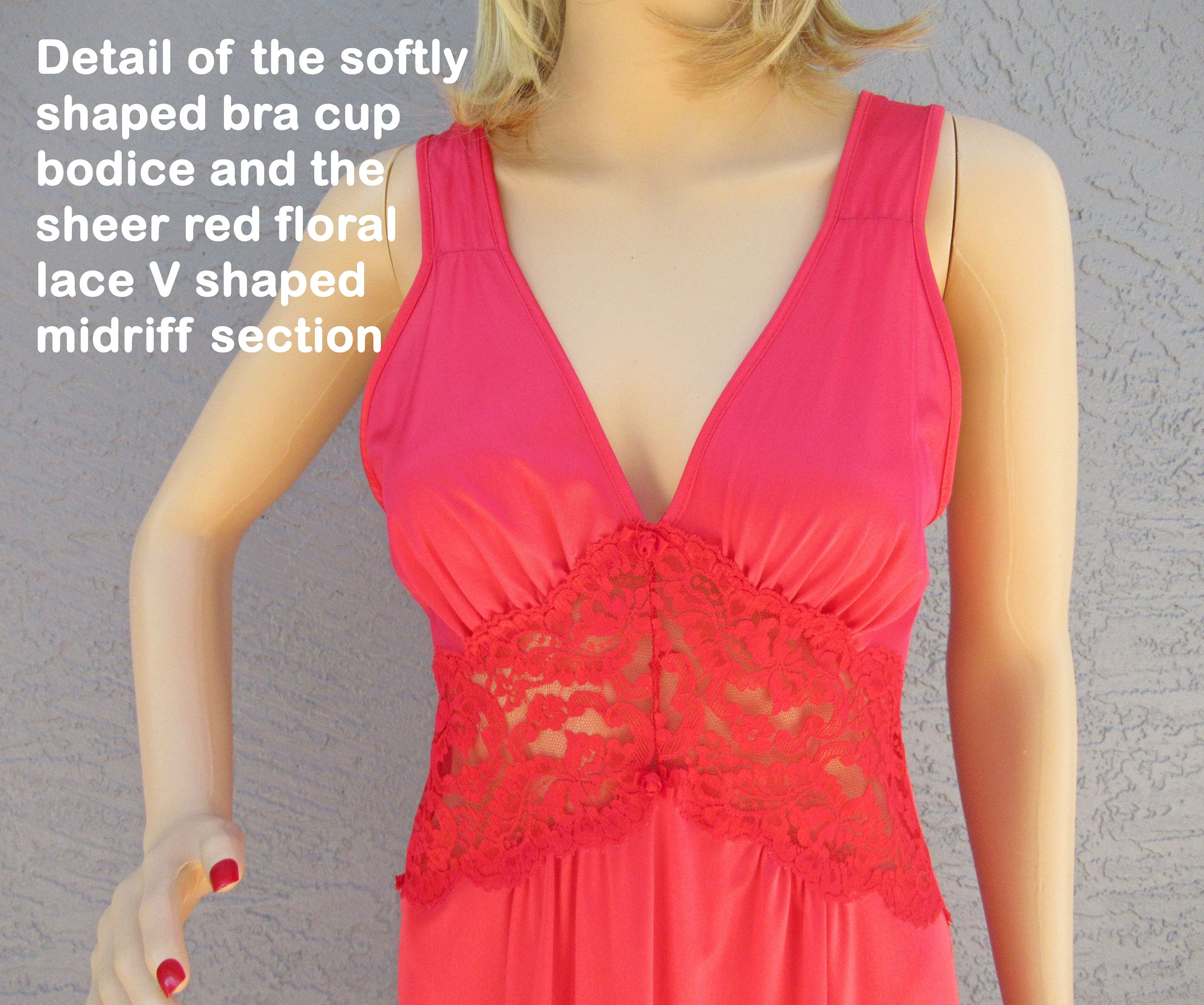 Sz Med V-Neck Nightgown Nylon with Sheer Lace and Low Cut Bodice, 34 - 36 Inch Bust, Bright Red Petra Fashions Flattering Long, Made Usa, Vtg - Image 9
