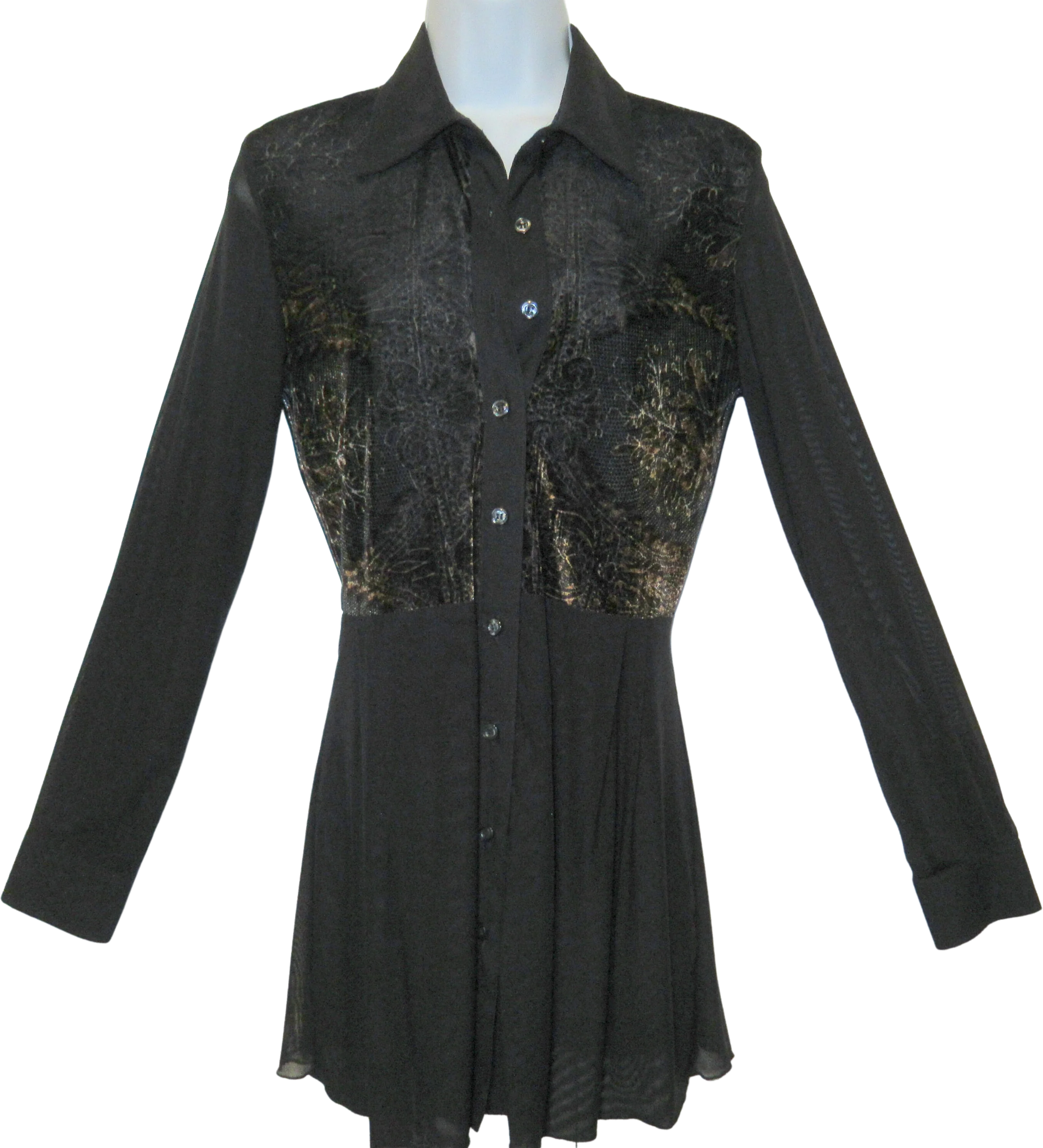 Sz S 34 Bust Blouse Mesmerize Long Sleeve Tunic Length Front Button Made In Usa Black with Velvet Front Panels Polyester and Spandex Vtg