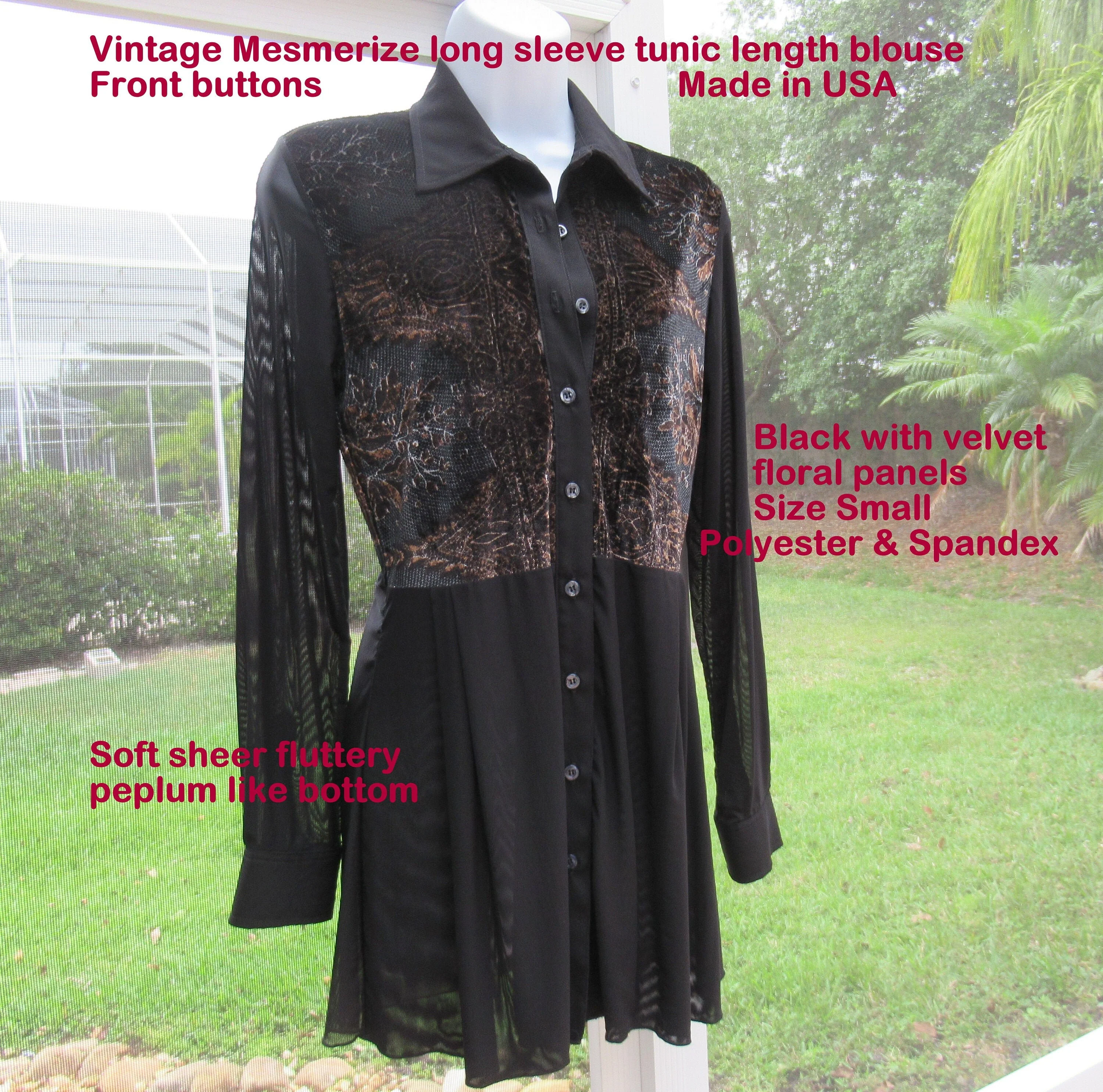 Sz S 34 Bust Blouse Mesmerize Long Sleeve Tunic Length Front Button Made In Usa Black with Velvet Front Panels Polyester and Spandex Vtg - Image 2