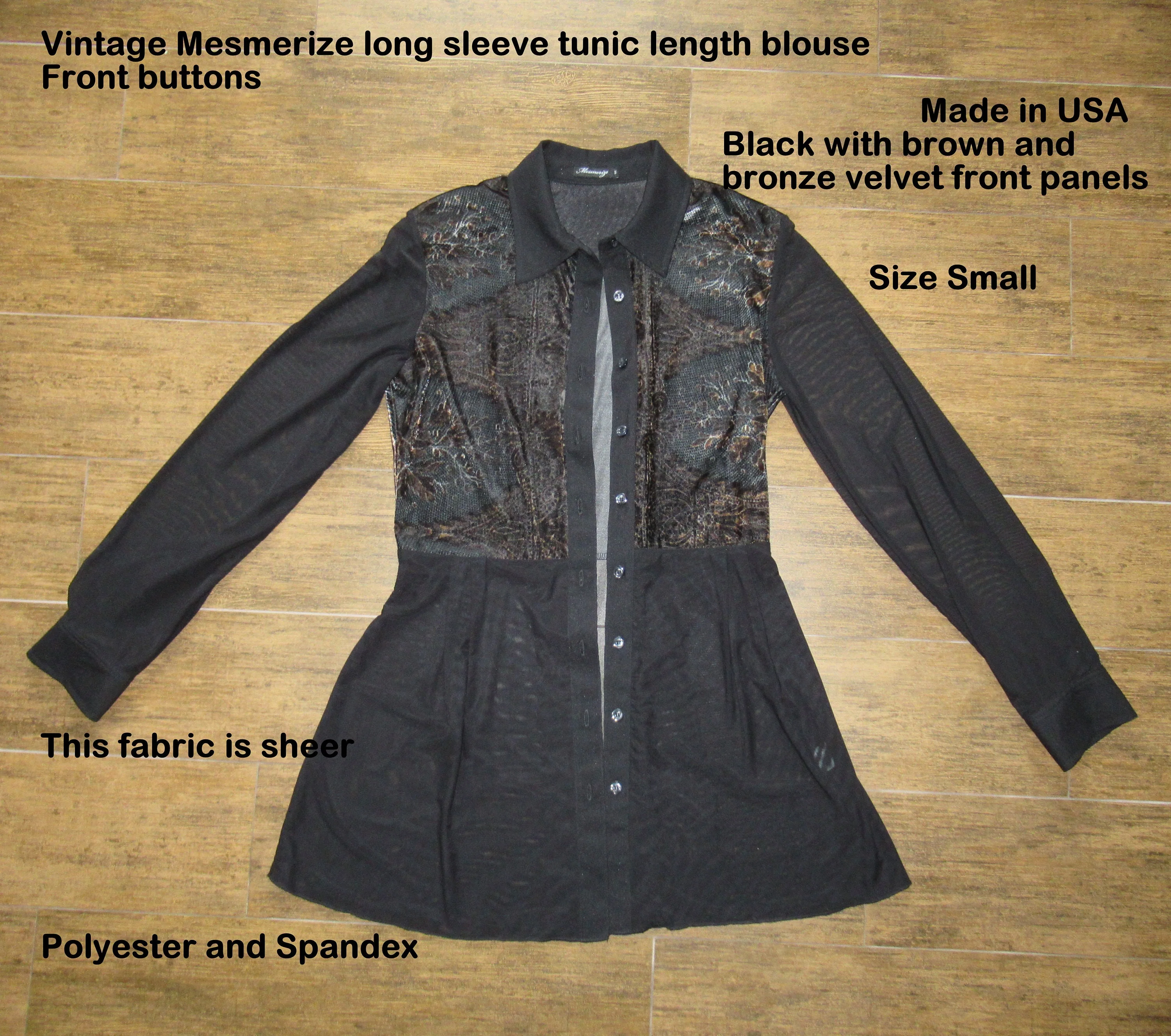 Sz S 34 Bust Blouse Mesmerize Long Sleeve Tunic Length Front Button Made In Usa Black with Velvet Front Panels Polyester and Spandex Vtg - Image 5