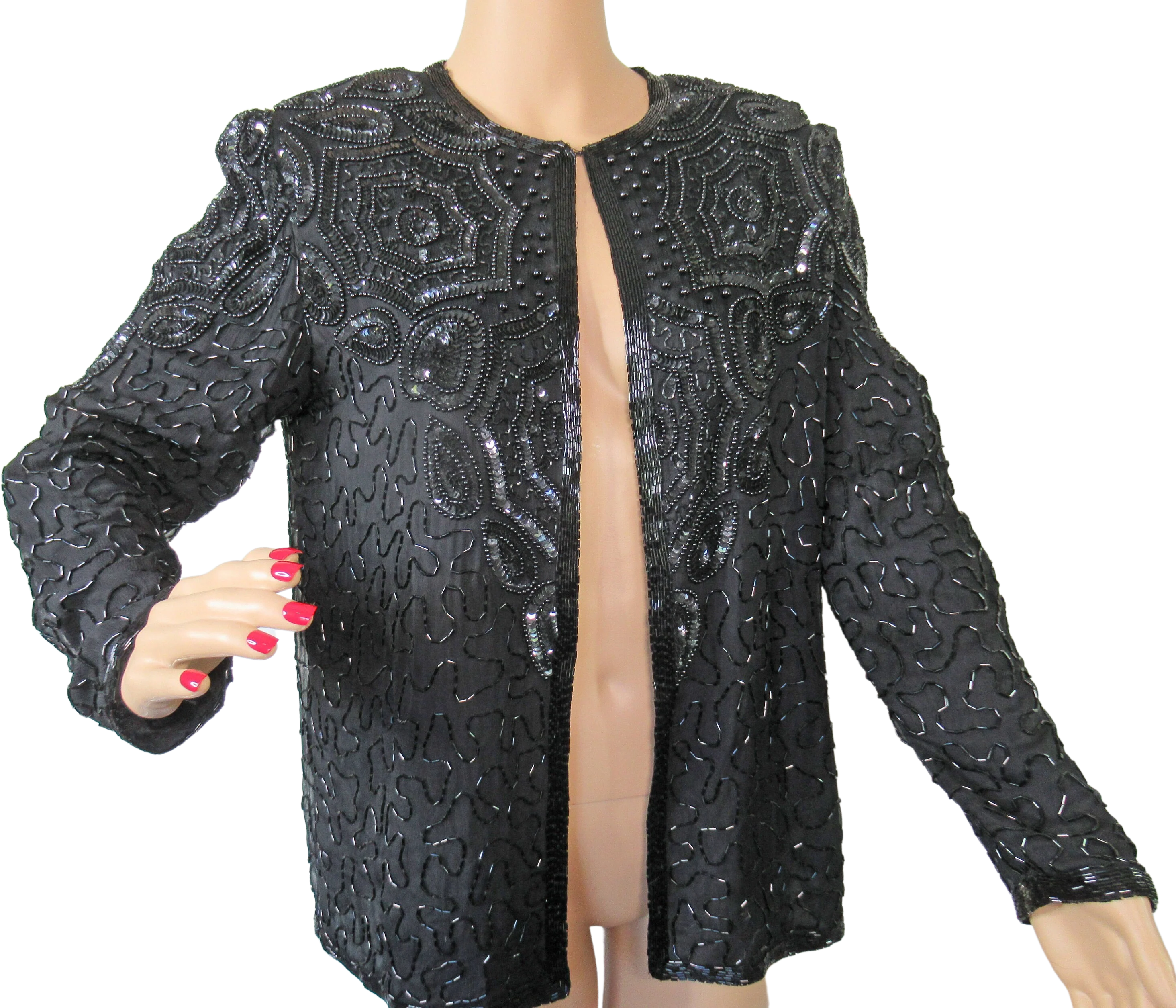 Sz S 36 Bust Beaded Blazer Evening Black Beads On Black Silk Open Front Top Hook Long Sleeves Made In India Vtg by Papell Boutique