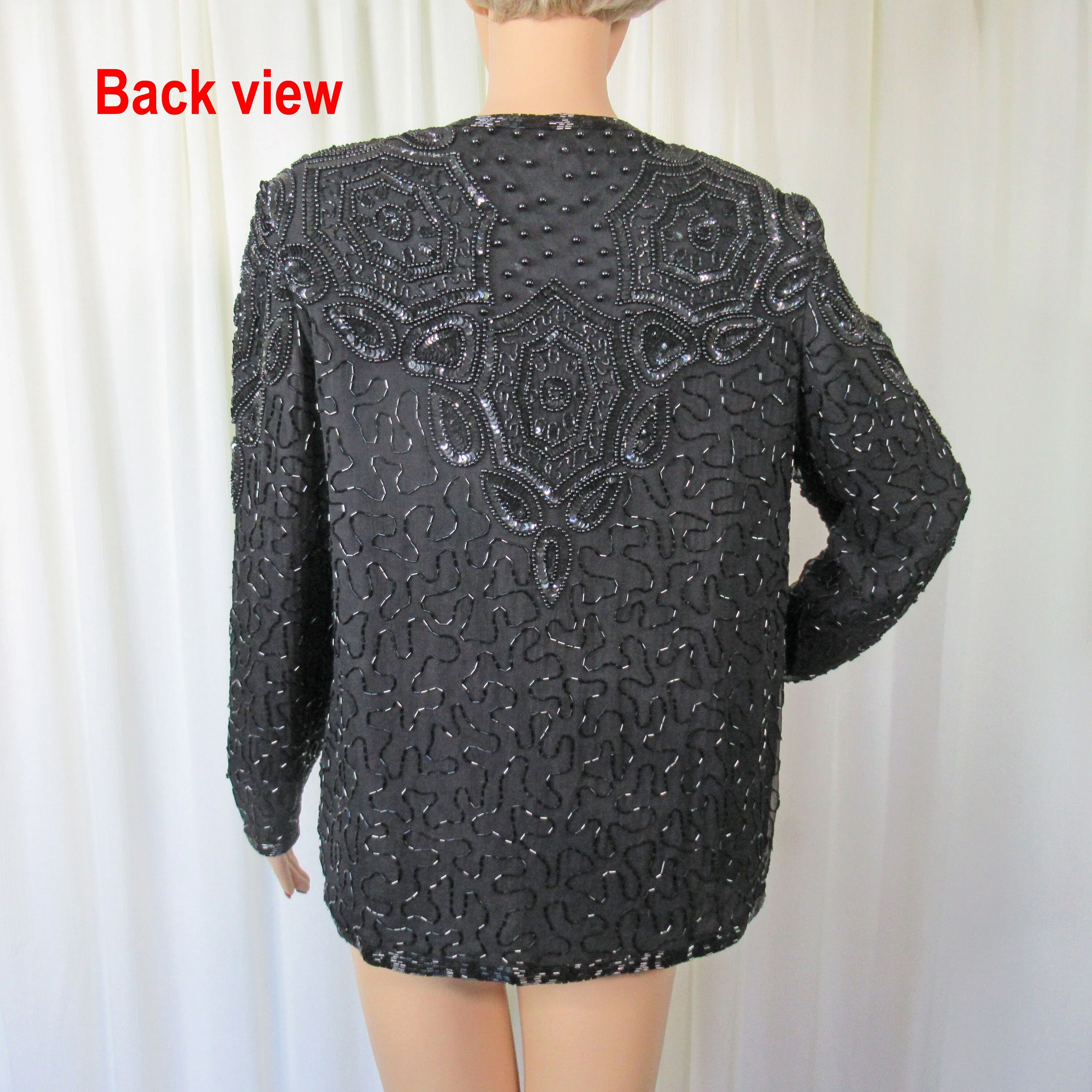 Sz S 36 Bust Beaded Blazer Evening Black Beads On Black Silk Open Front Top Hook Long Sleeves Made In India Vtg by Papell Boutique - Image 10