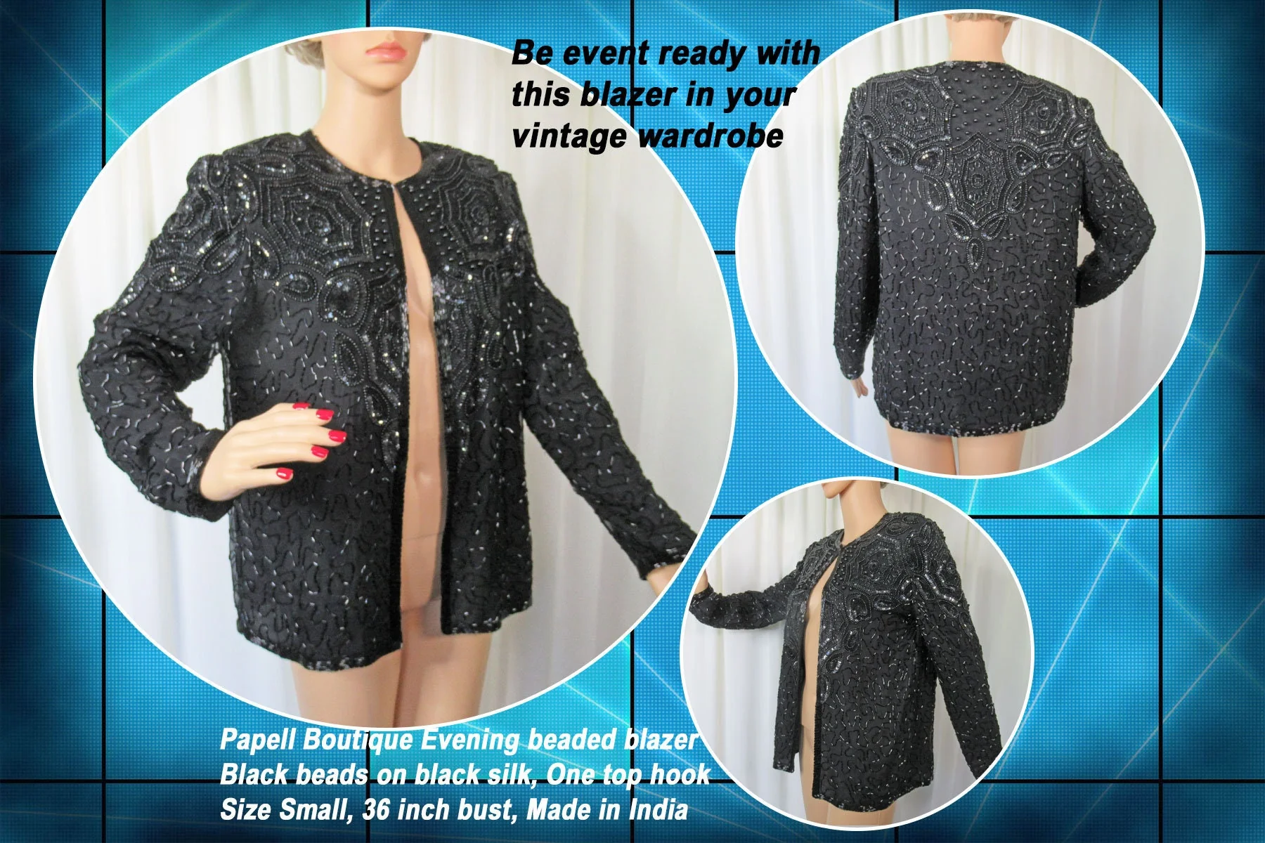 Sz S 36 Bust Beaded Blazer Evening Black Beads On Black Silk Open Front Top Hook Long Sleeves Made In India Vtg by Papell Boutique - Image 2