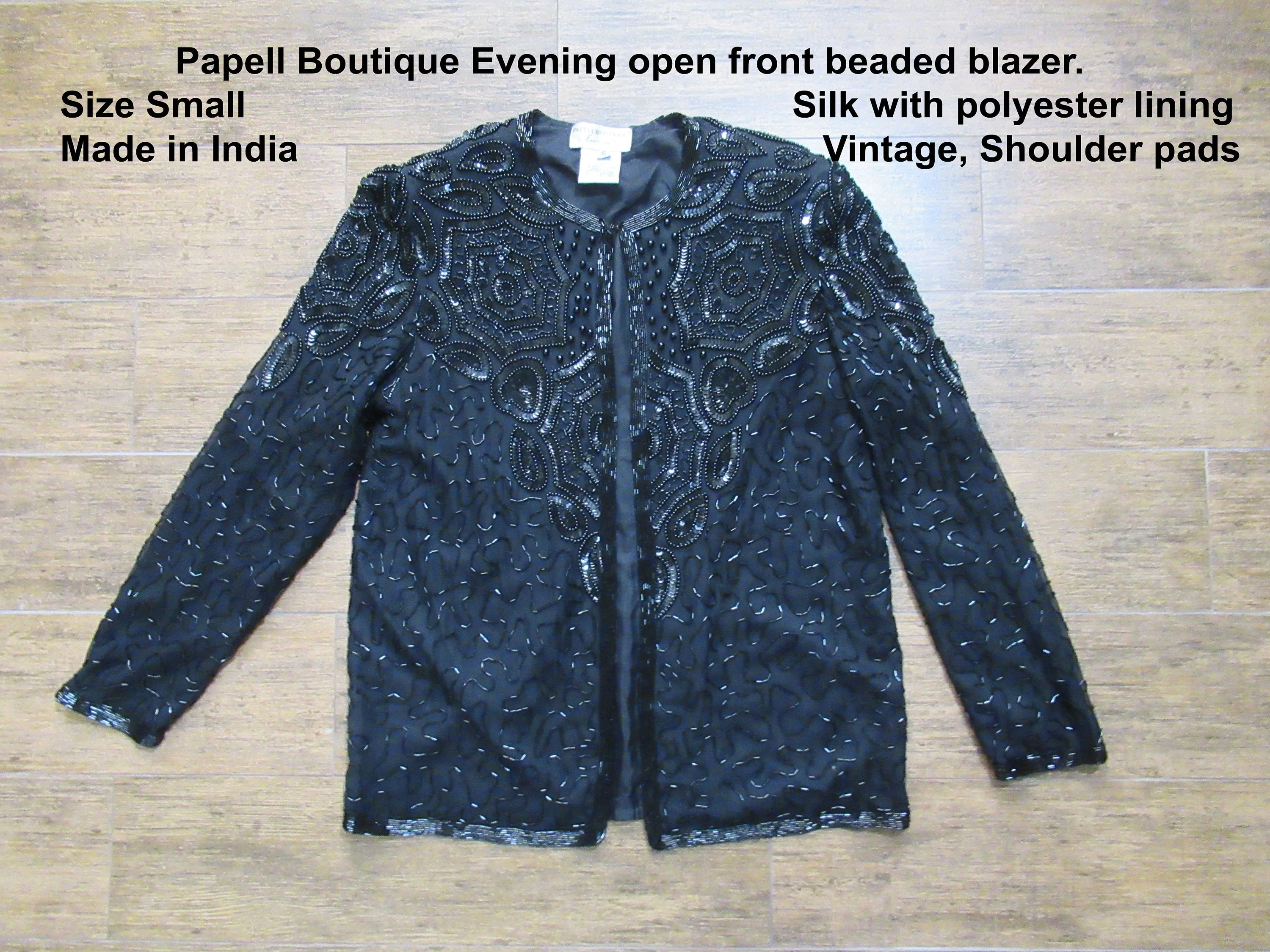 Sz S 36 Bust Beaded Blazer Evening Black Beads On Black Silk Open Front Top Hook Long Sleeves Made In India Vtg by Papell Boutique - Image 3