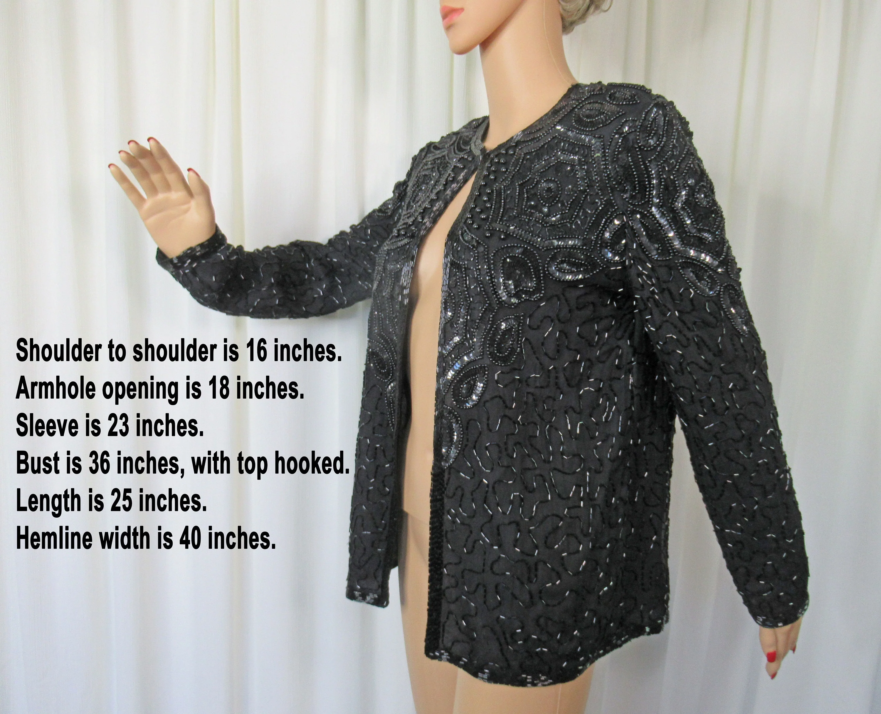 Sz S 36 Bust Beaded Blazer Evening Black Beads On Black Silk Open Front Top Hook Long Sleeves Made In India Vtg by Papell Boutique - Image 4