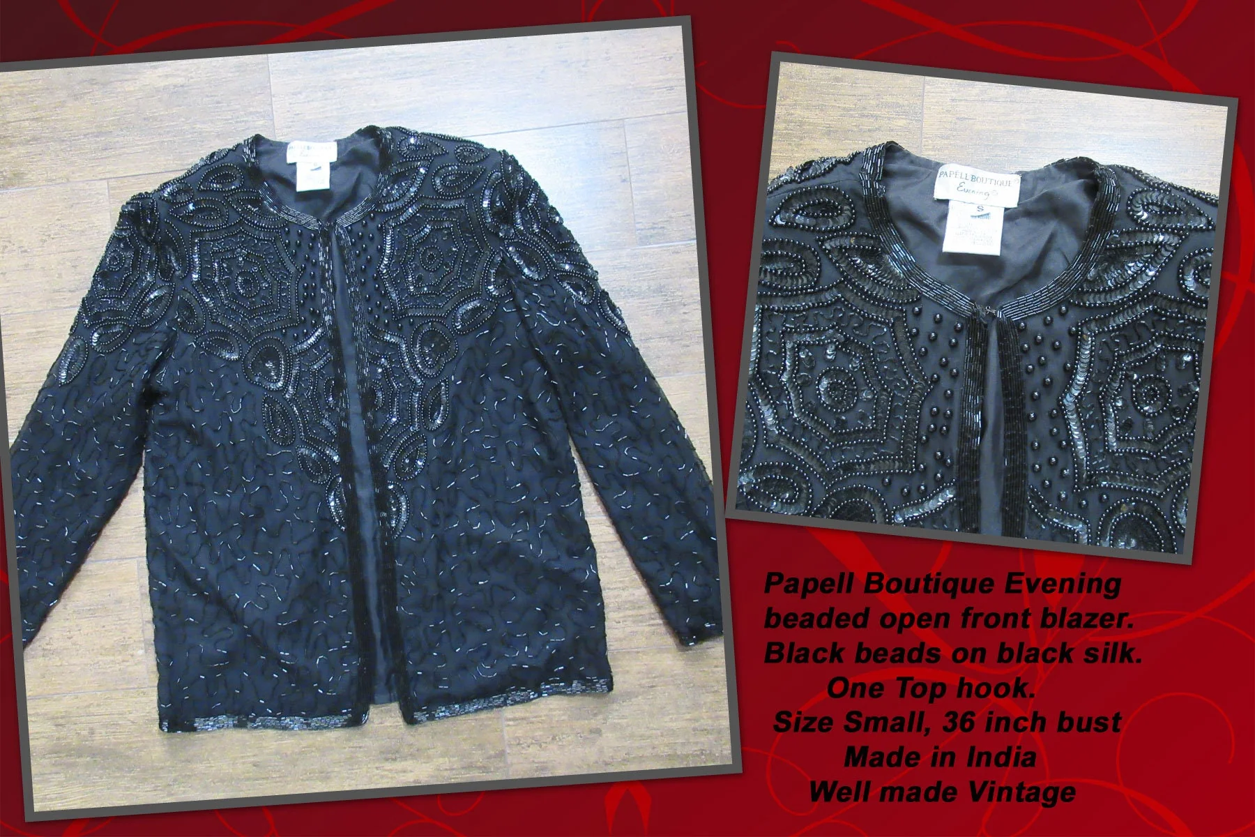 Sz S 36 Bust Beaded Blazer Evening Black Beads On Black Silk Open Front Top Hook Long Sleeves Made In India Vtg by Papell Boutique - Image 5