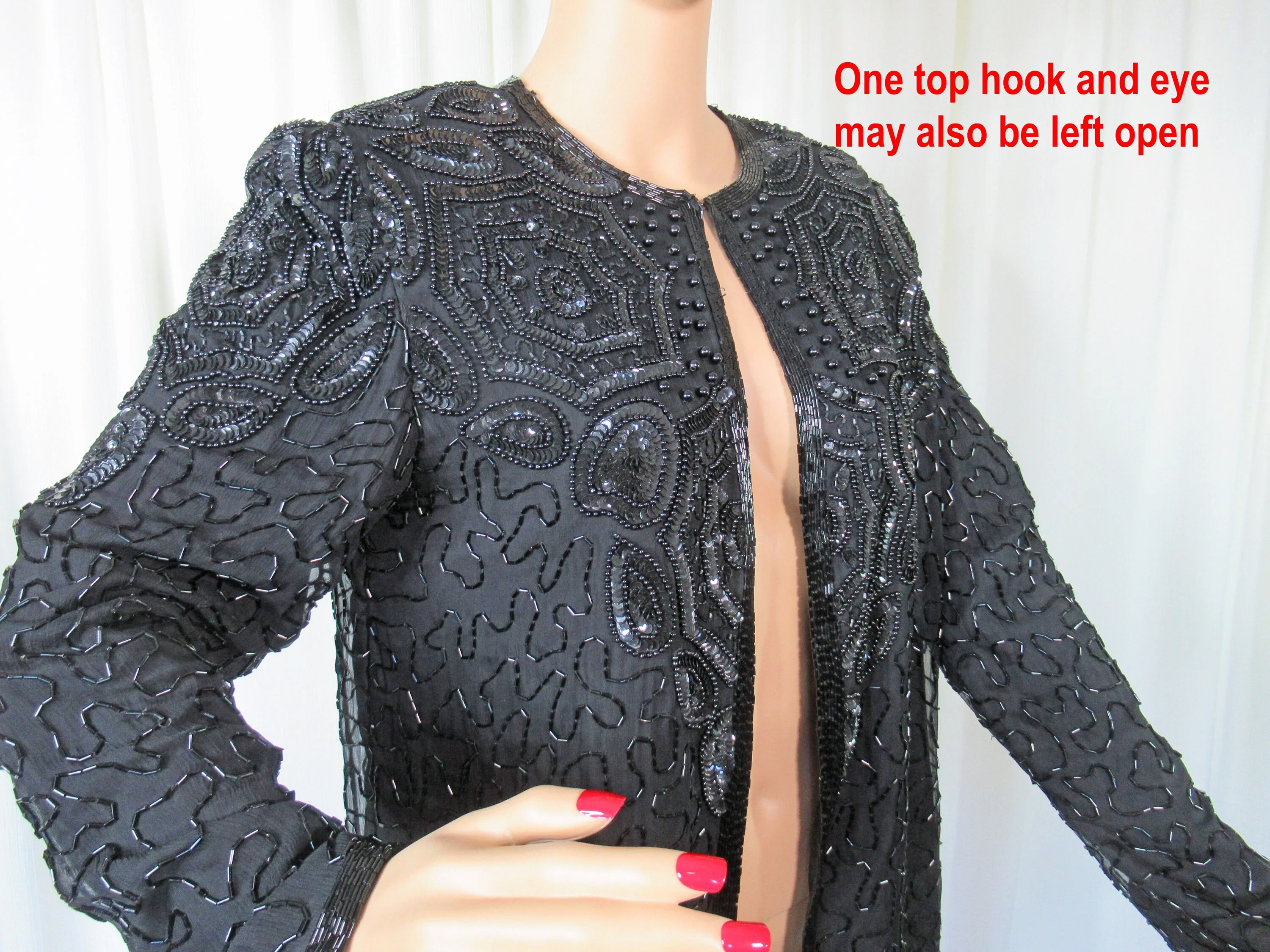 Sz S 36 Bust Beaded Blazer Evening Black Beads On Black Silk Open Front Top Hook Long Sleeves Made In India Vtg by Papell Boutique - Image 6