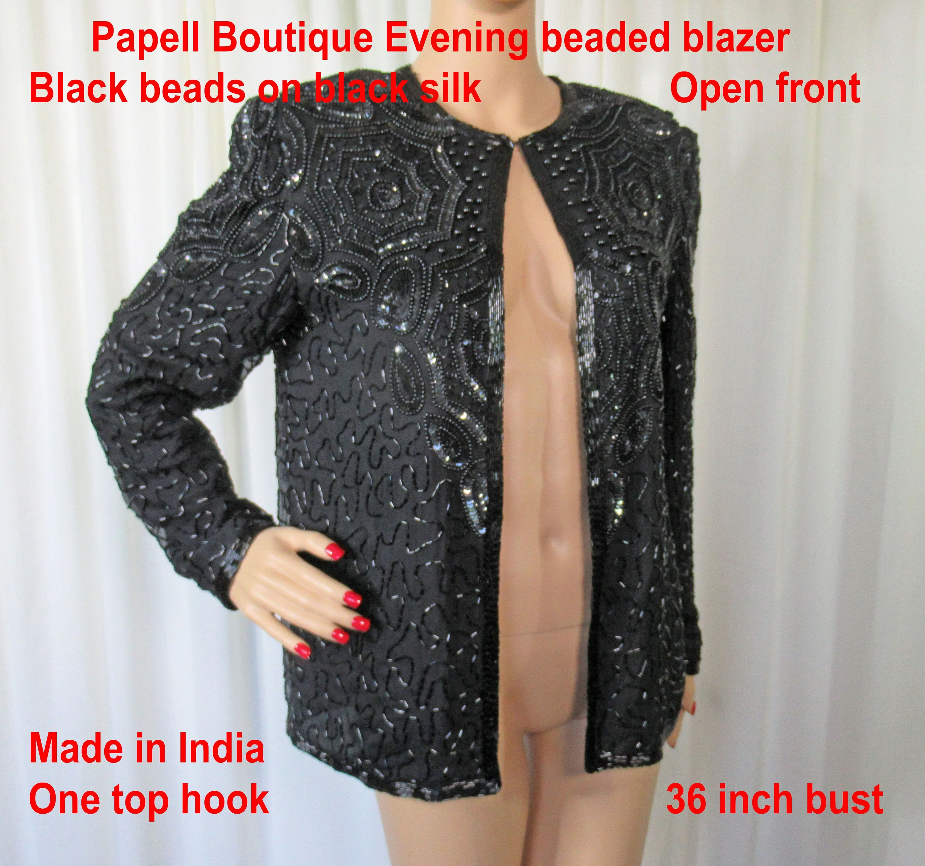 Sz S 36 Bust Beaded Blazer Evening Black Beads On Black Silk Open Front Top Hook Long Sleeves Made In India Vtg by Papell Boutique - Image 7