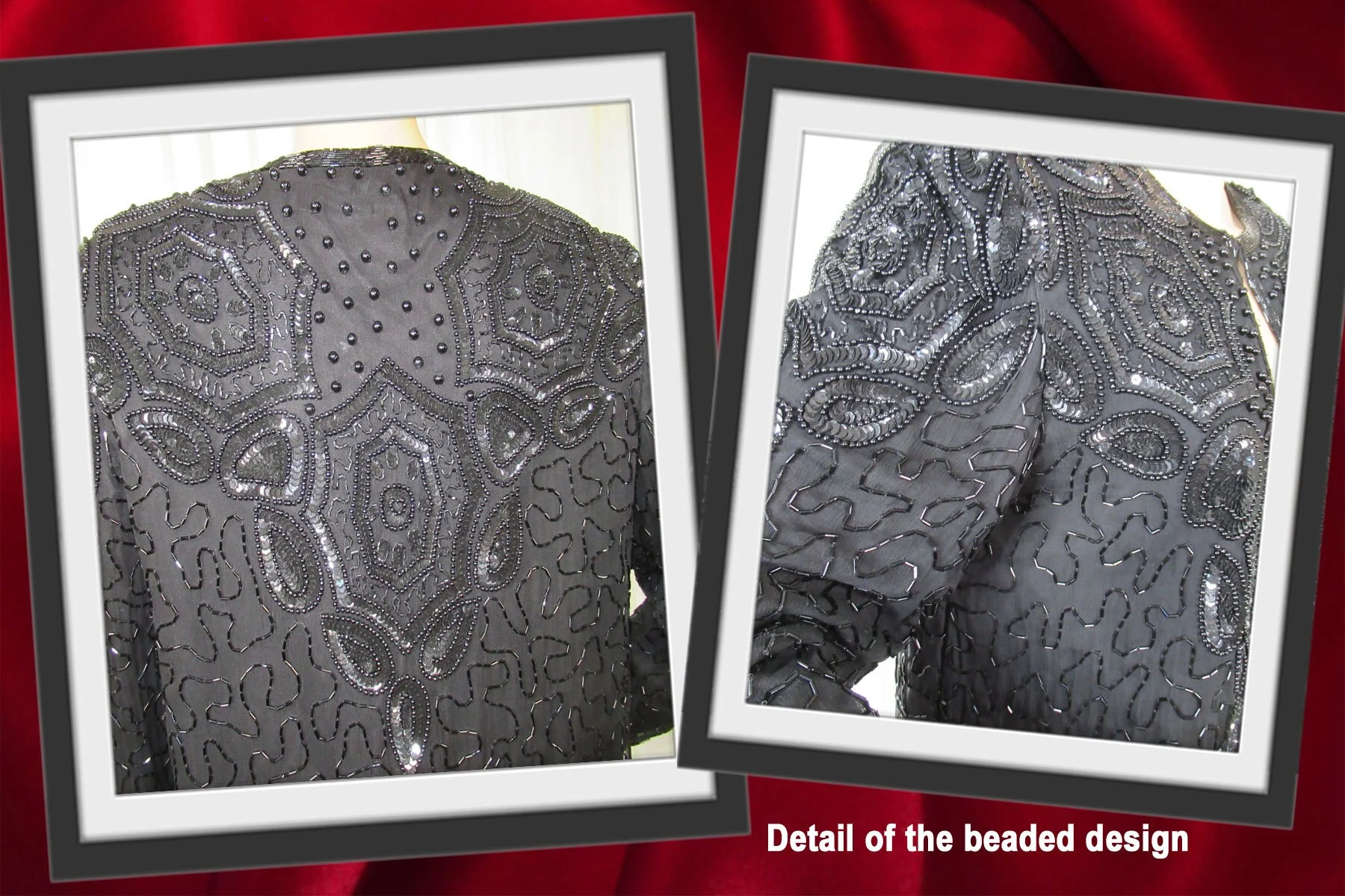 Sz S 36 Bust Beaded Blazer Evening Black Beads On Black Silk Open Front Top Hook Long Sleeves Made In India Vtg by Papell Boutique - Image 9
