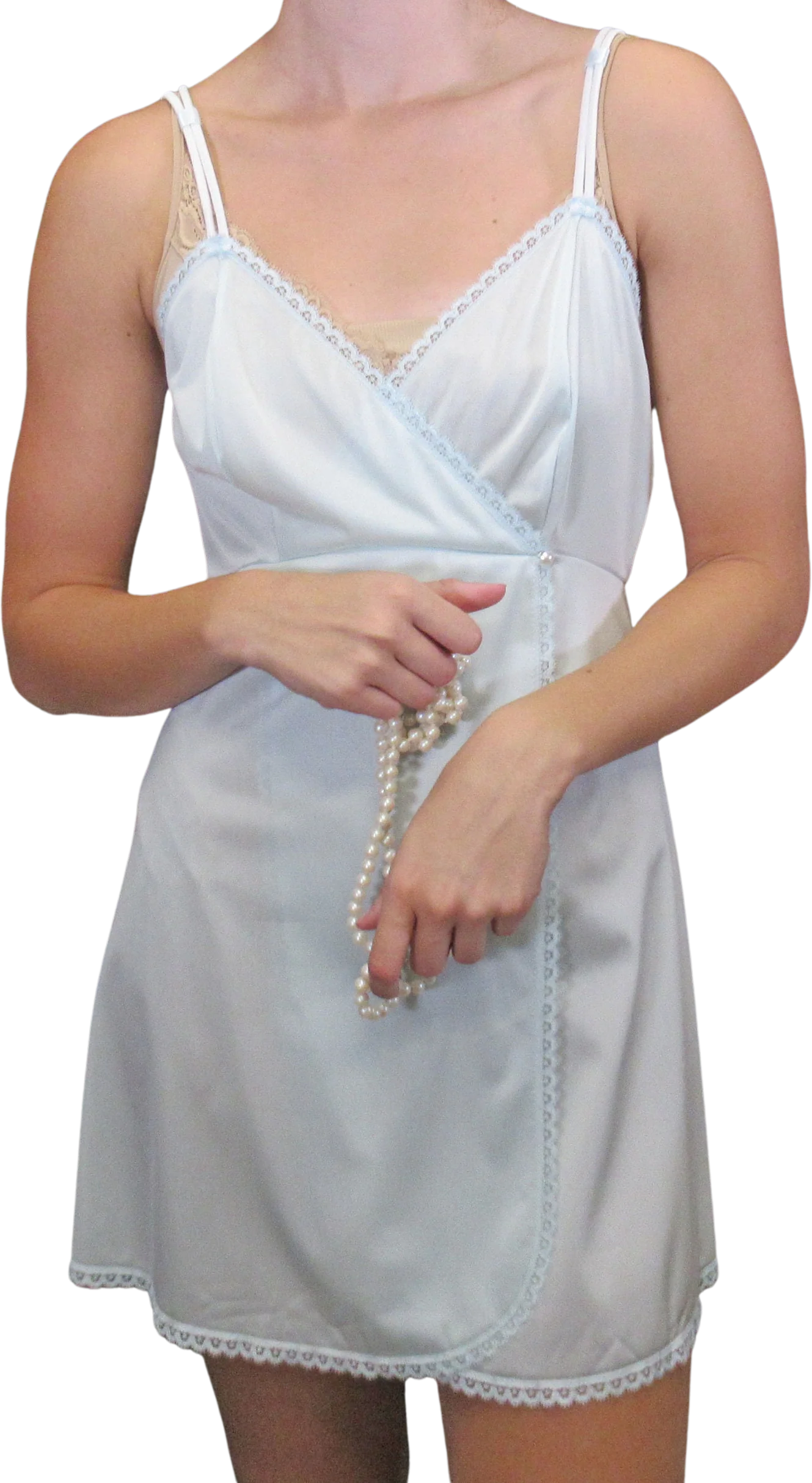 Sz S Babydoll Qiana Gown Front Panels, Blue Nylon Never Worn, Shadowline, 34 Bust, Low Cut Empire Waist, Spaghetti Straps, Made In Usa, Vtg