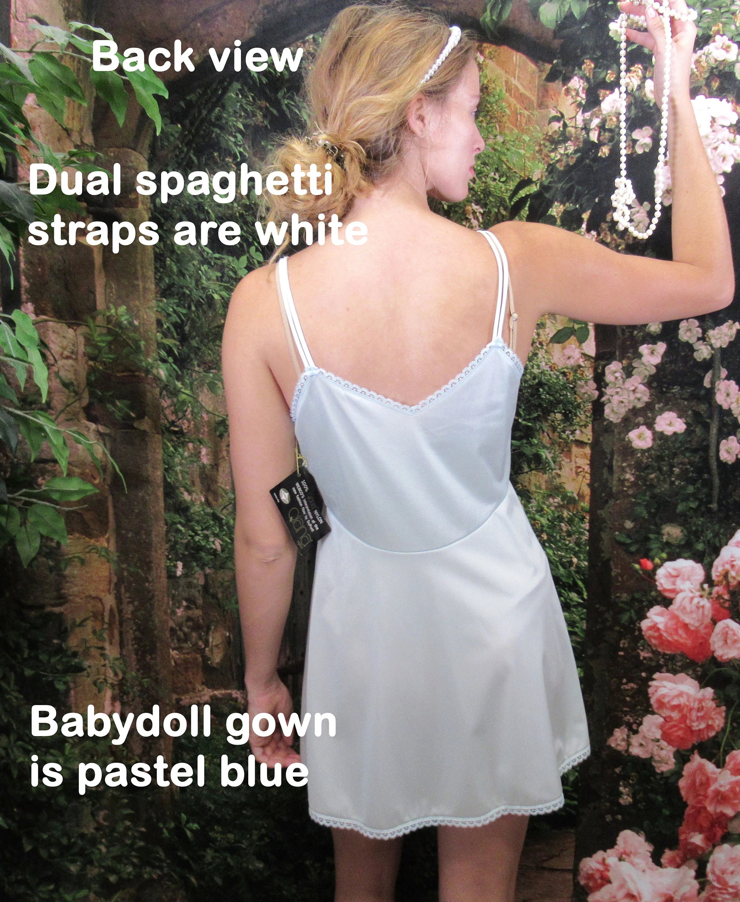 Sz S Babydoll Qiana Gown Front Panels, Blue Nylon Never Worn, Shadowline, 34 Bust, Low Cut Empire Waist, Spaghetti Straps, Made In Usa, Vtg - Image 10