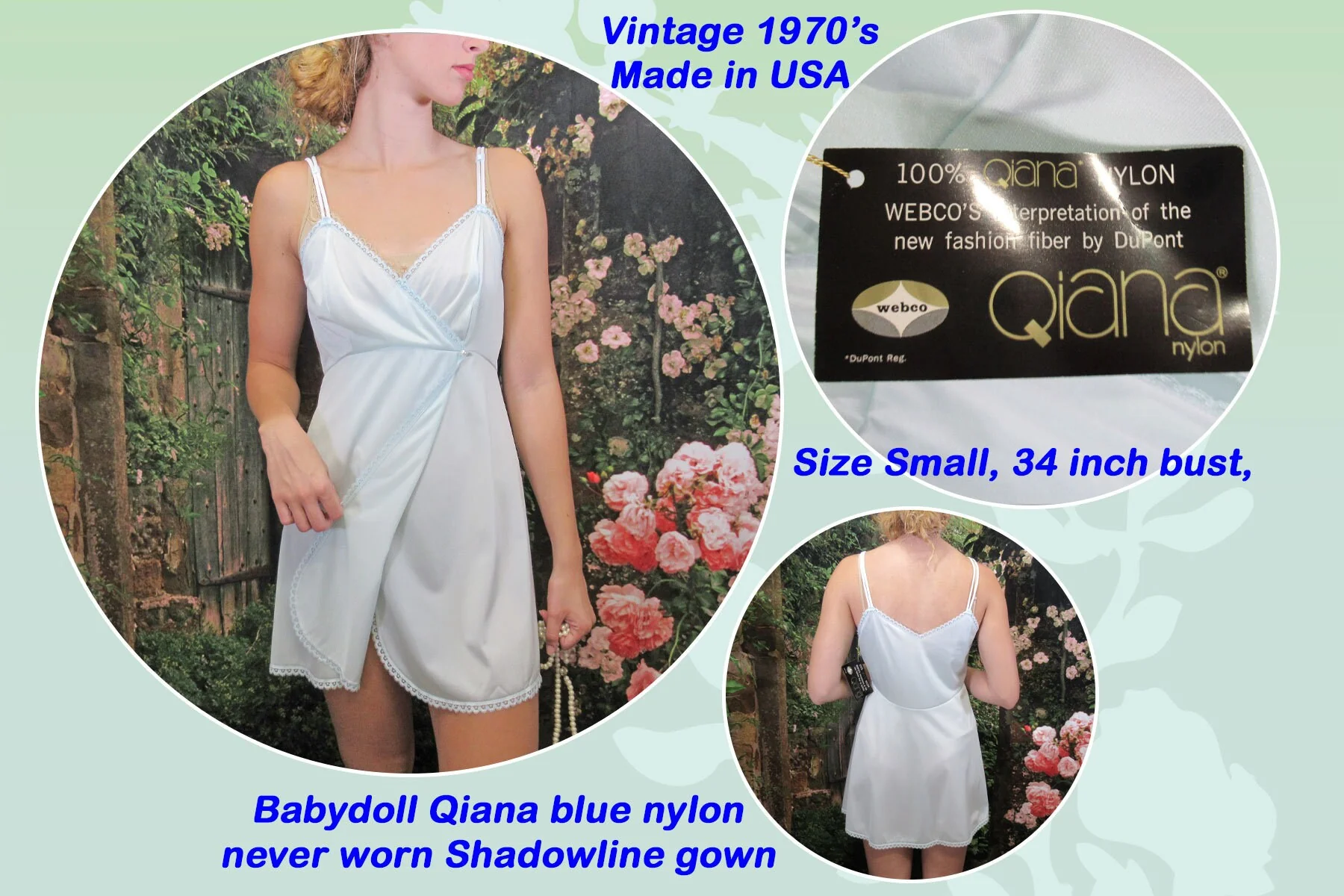 Sz S Babydoll Qiana Gown Front Panels, Blue Nylon Never Worn, Shadowline, 34 Bust, Low Cut Empire Waist, Spaghetti Straps, Made In Usa, Vtg - Image 2