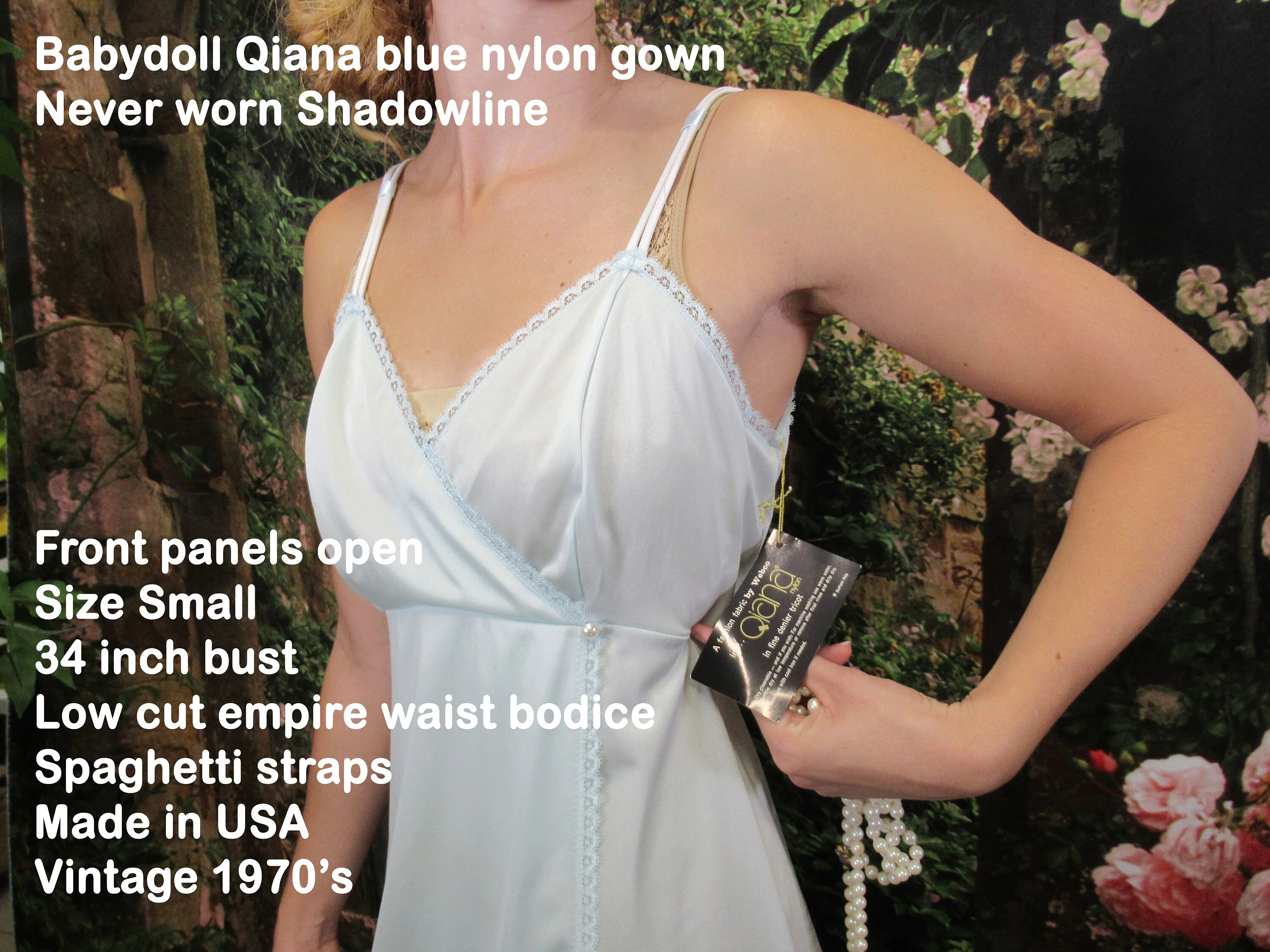 Sz S Babydoll Qiana Gown Front Panels, Blue Nylon Never Worn, Shadowline, 34 Bust, Low Cut Empire Waist, Spaghetti Straps, Made In Usa, Vtg - Image 3