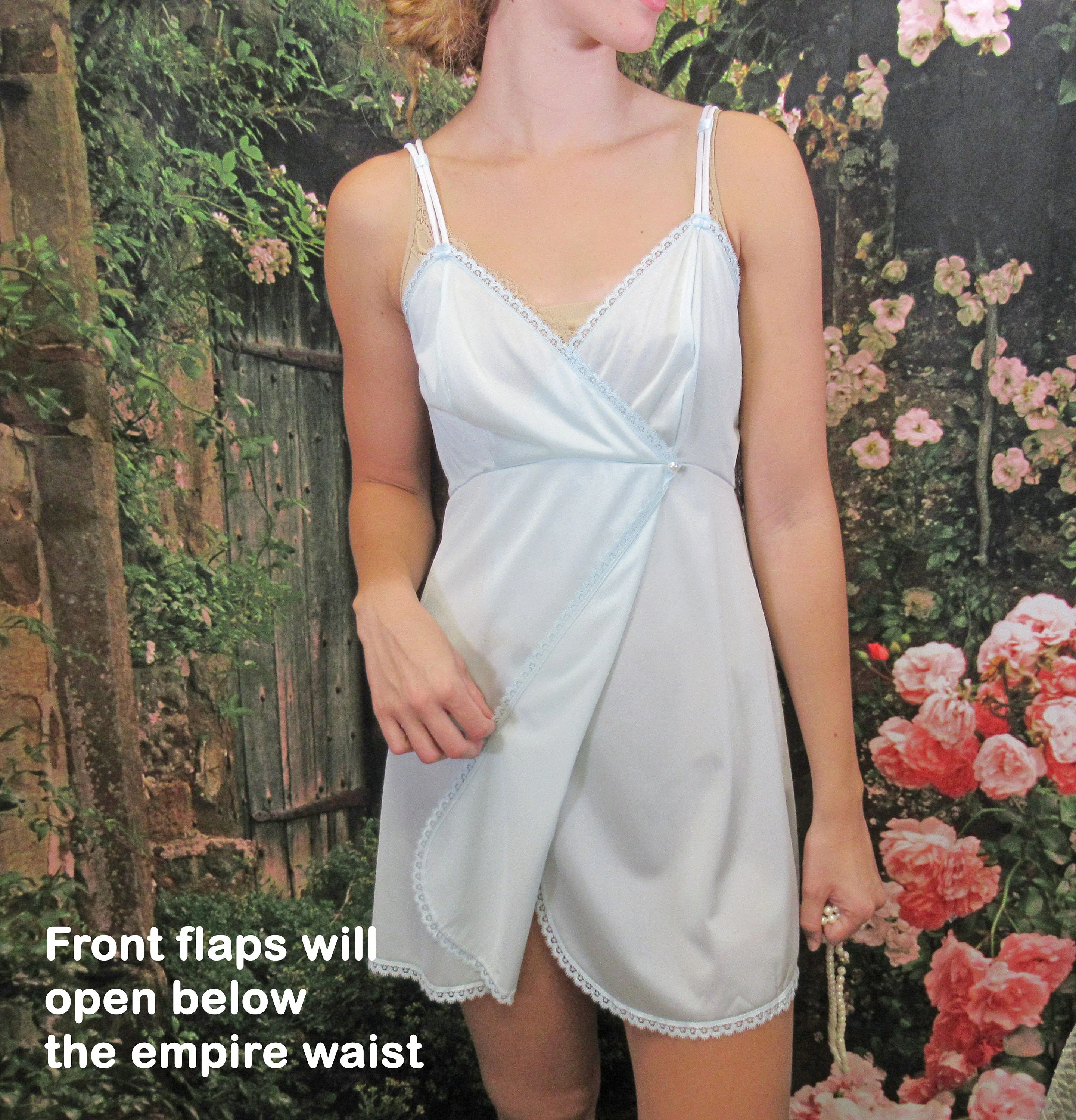 Sz S Babydoll Qiana Gown Front Panels, Blue Nylon Never Worn, Shadowline, 34 Bust, Low Cut Empire Waist, Spaghetti Straps, Made In Usa, Vtg - Image 5