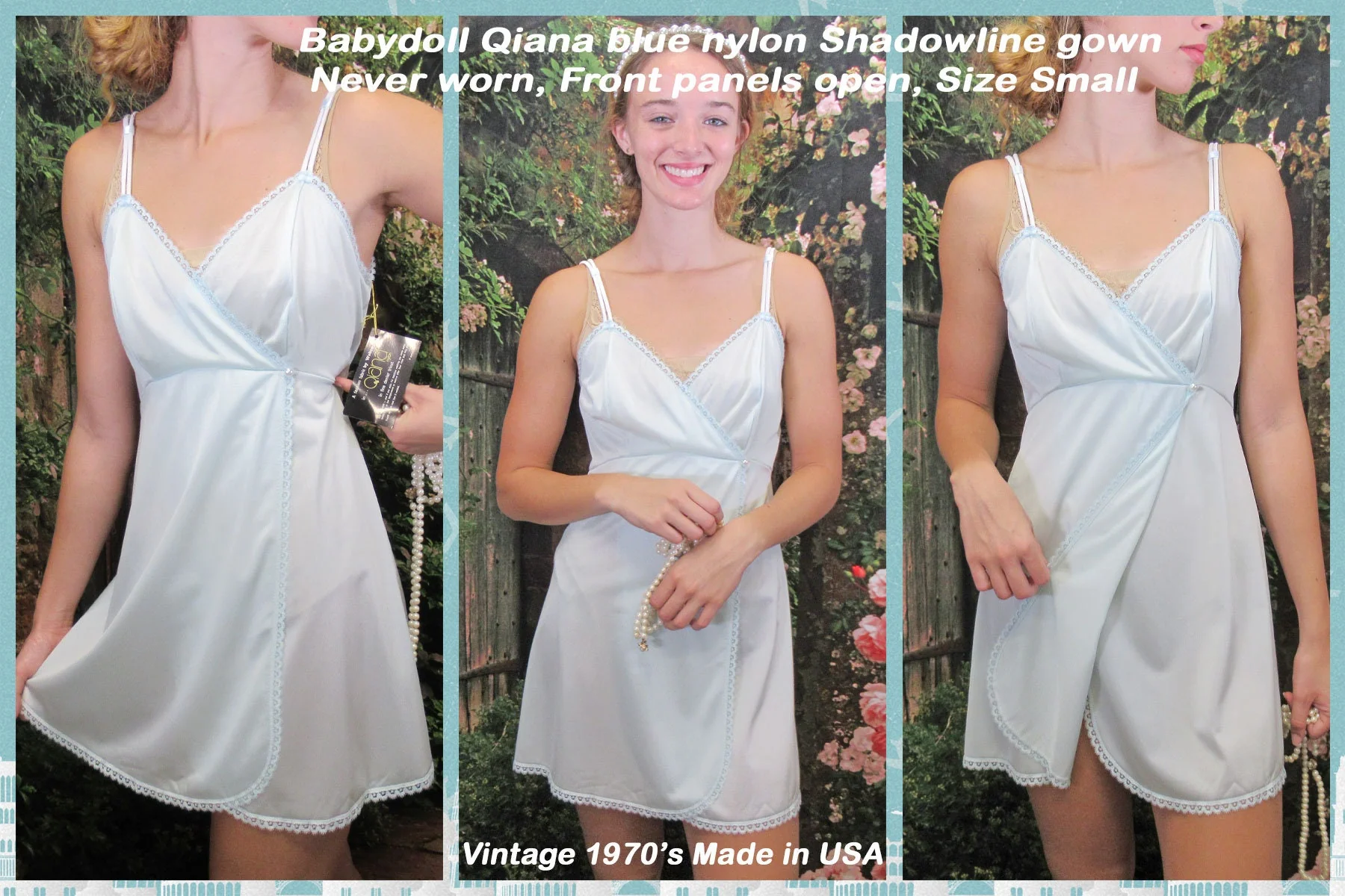 Sz S Babydoll Qiana Gown Front Panels, Blue Nylon Never Worn, Shadowline, 34 Bust, Low Cut Empire Waist, Spaghetti Straps, Made In Usa, Vtg - Image 6