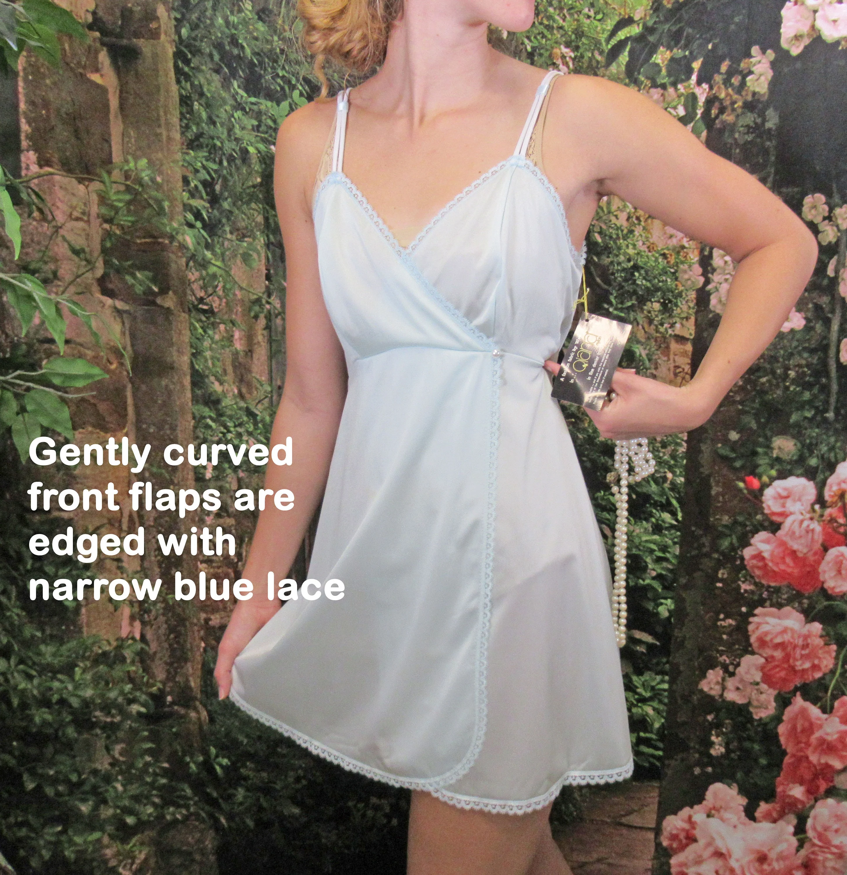 Sz S Babydoll Qiana Gown Front Panels, Blue Nylon Never Worn, Shadowline, 34 Bust, Low Cut Empire Waist, Spaghetti Straps, Made In Usa, Vtg - Image 7