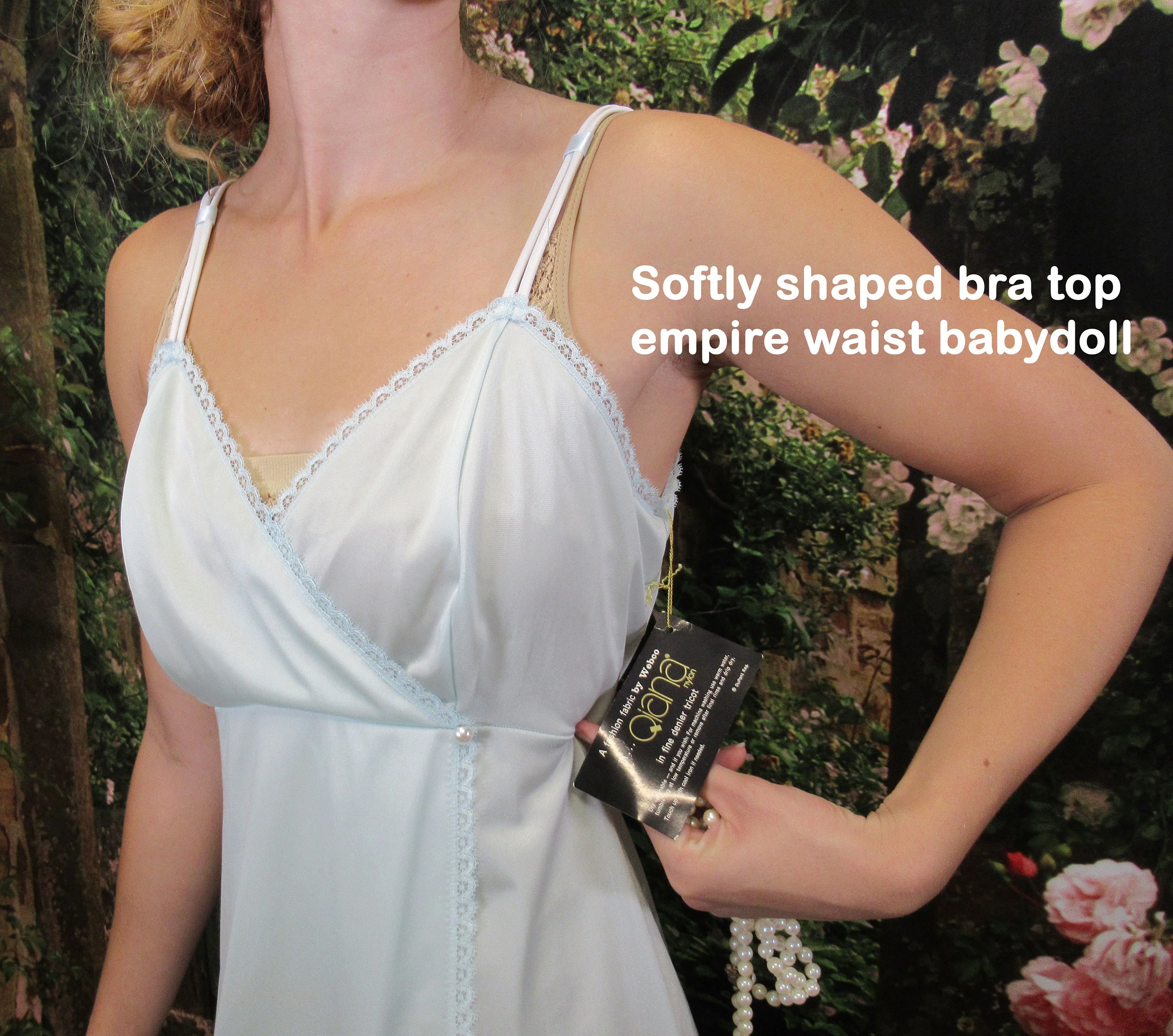 Sz S Babydoll Qiana Gown Front Panels, Blue Nylon Never Worn, Shadowline, 34 Bust, Low Cut Empire Waist, Spaghetti Straps, Made In Usa, Vtg - Image 8