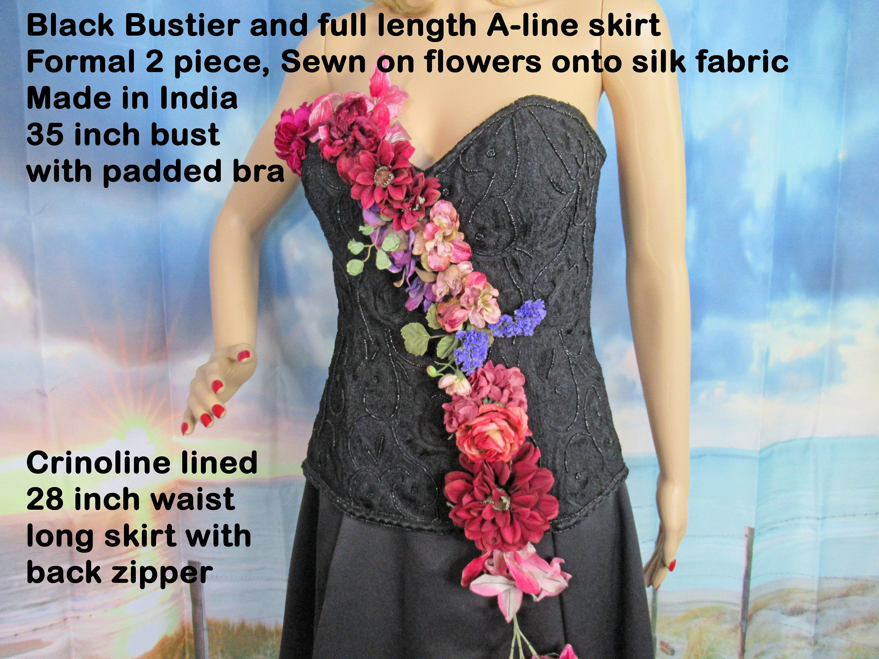 Sz S Formal Two Piece Set Silk Bustier and Skirt, 35 Inch Bust, Black Long A-Line 28 Waist Skirt, Sewn On Flowers, Made India, Crinoline Lined - Image 3