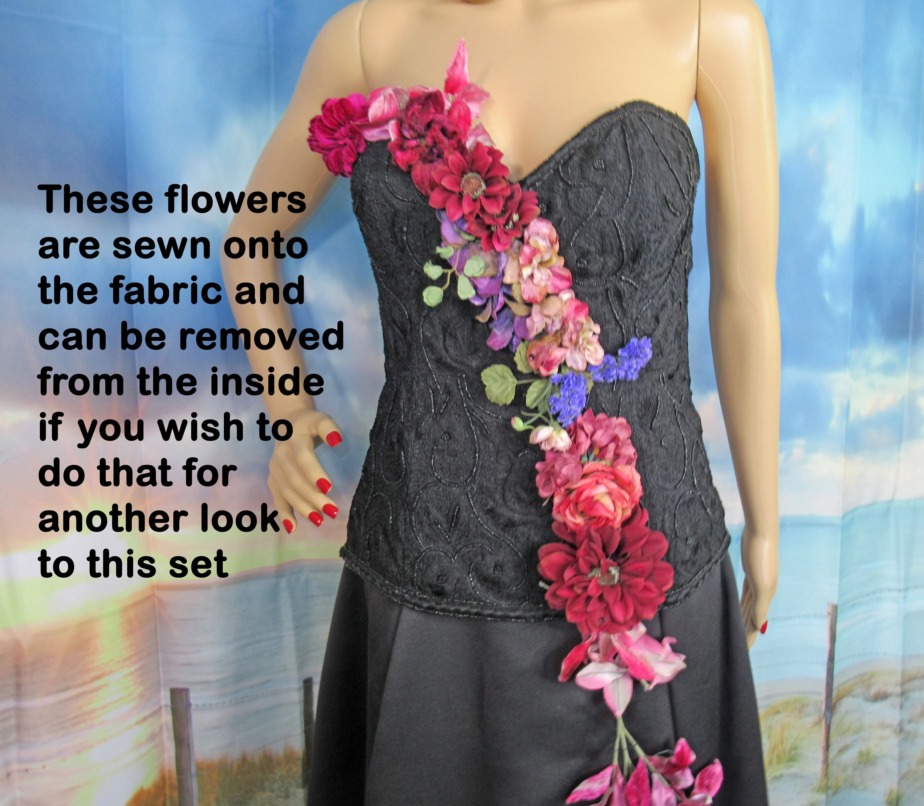 Sz S Formal Two Piece Set Silk Bustier and Skirt, 35 Inch Bust, Black Long A-Line 28 Waist Skirt, Sewn On Flowers, Made India, Crinoline Lined - Image 4