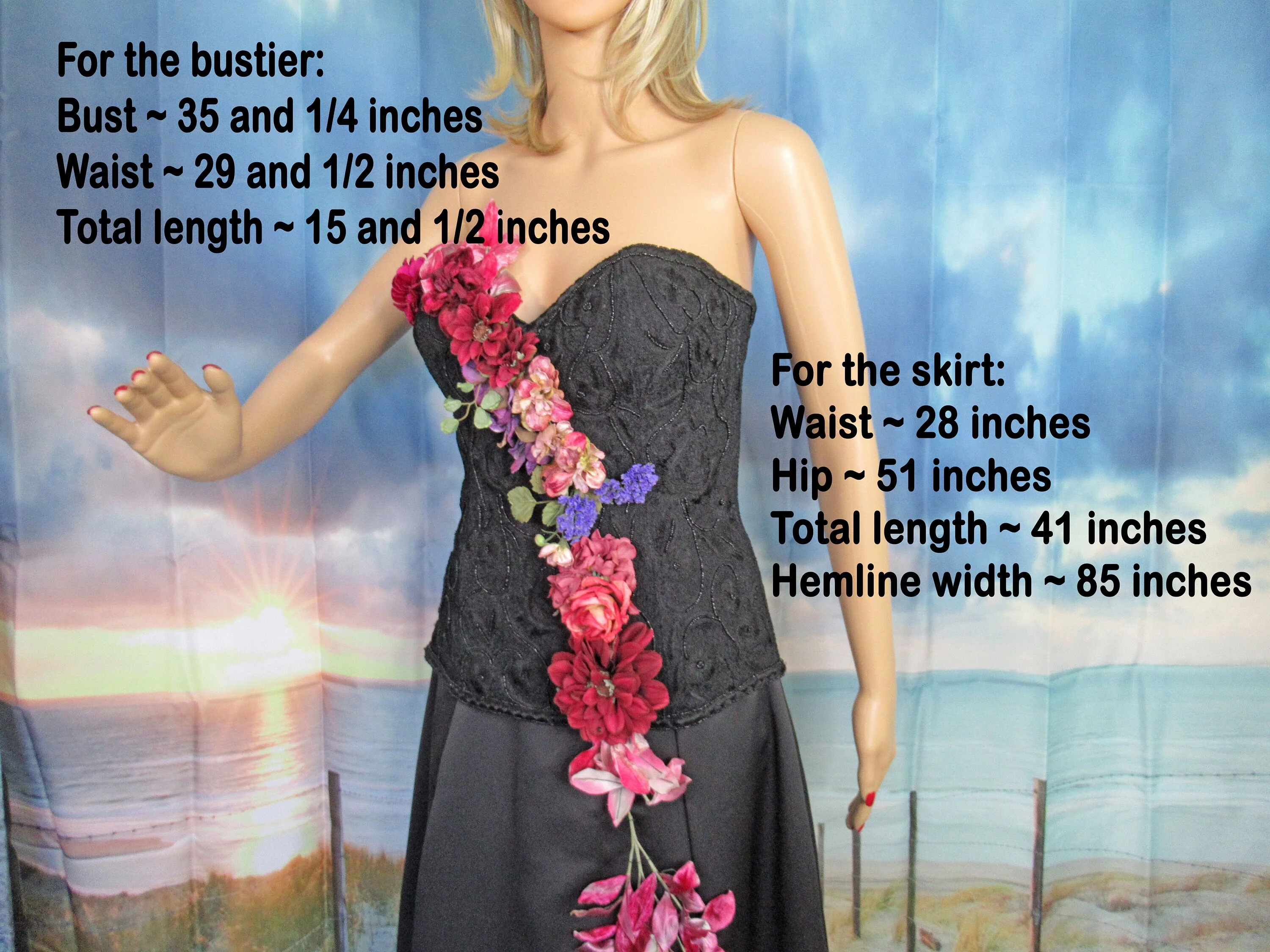 Sz S Formal Two Piece Set Silk Bustier and Skirt, 35 Inch Bust, Black Long A-Line 28 Waist Skirt, Sewn On Flowers, Made India, Crinoline Lined - Image 5