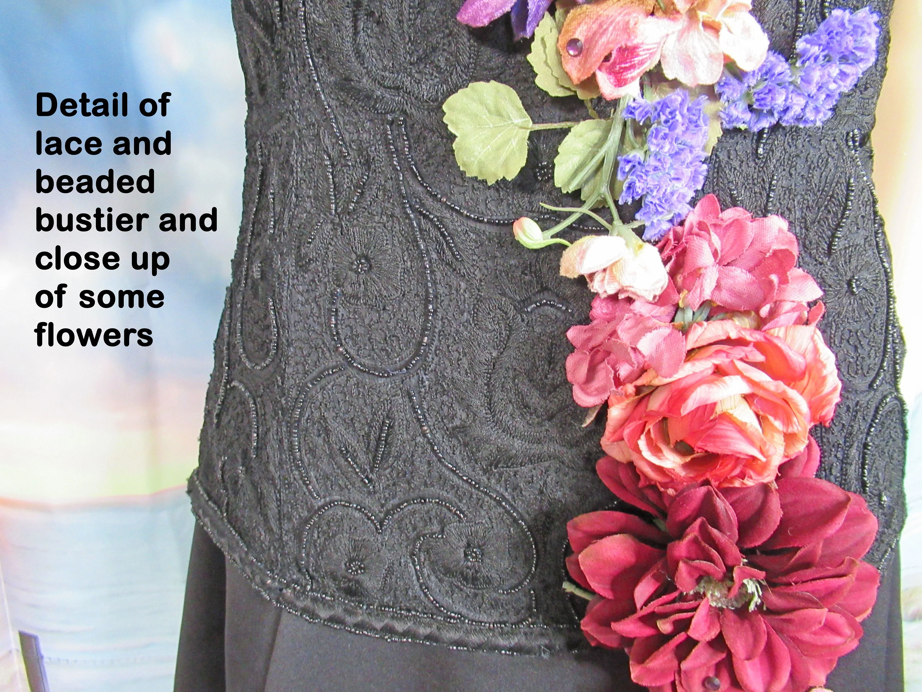 Sz S Formal Two Piece Set Silk Bustier and Skirt, 35 Inch Bust, Black Long A-Line 28 Waist Skirt, Sewn On Flowers, Made India, Crinoline Lined - Image 6