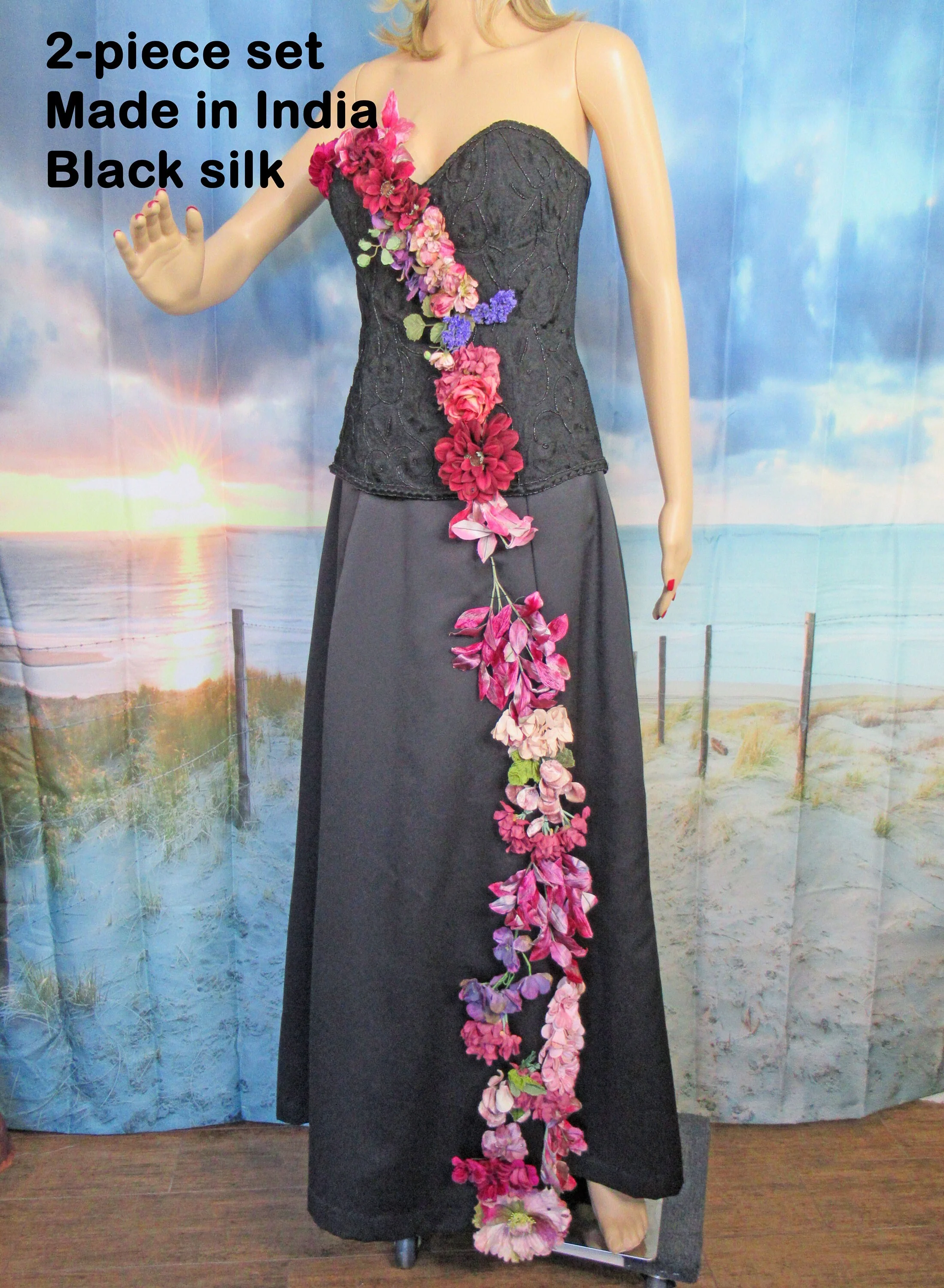 Sz S Formal Two Piece Set Silk Bustier and Skirt, 35 Inch Bust, Black Long A-Line 28 Waist Skirt, Sewn On Flowers, Made India, Crinoline Lined - Image 7