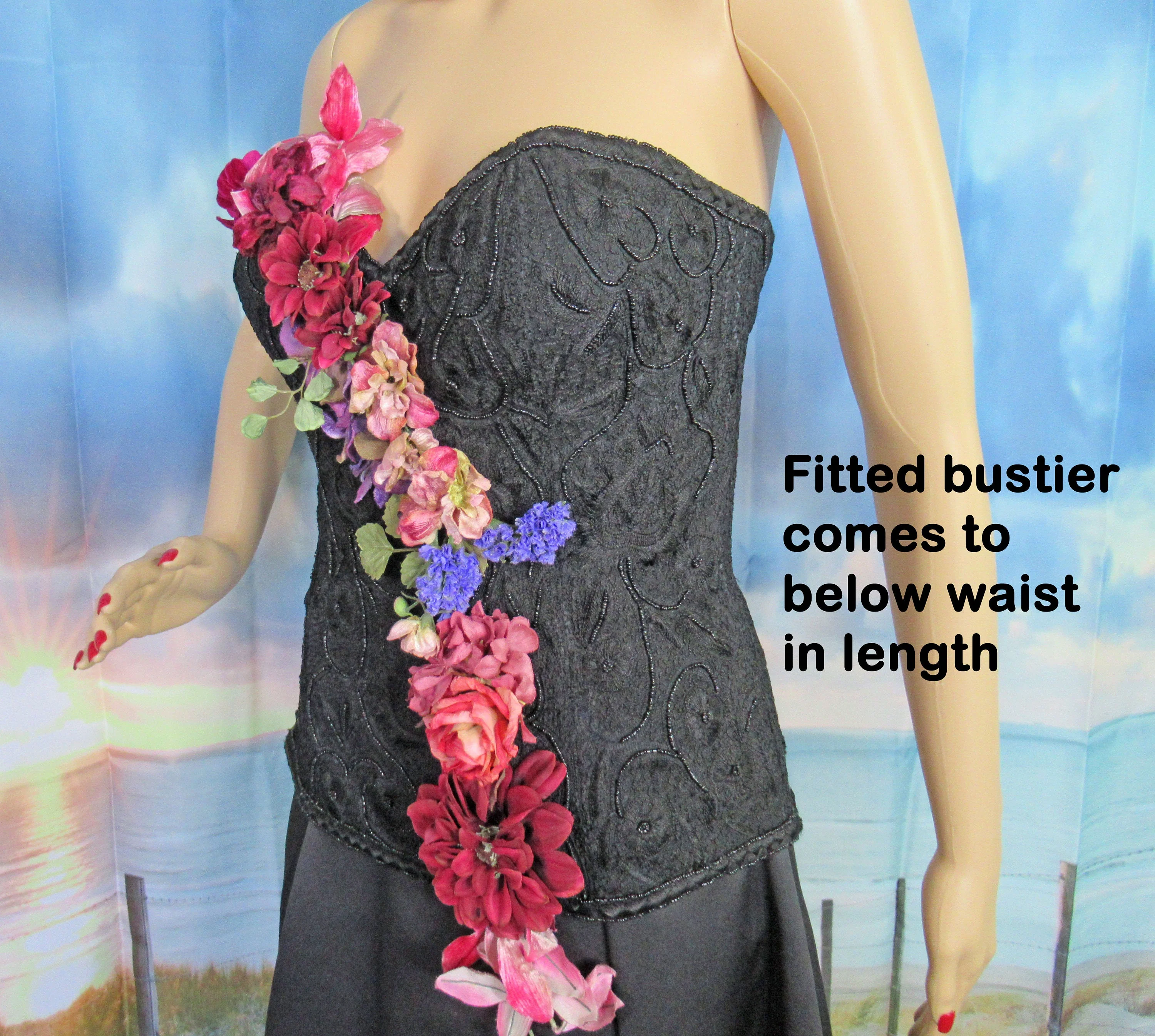 Sz S Formal Two Piece Set Silk Bustier and Skirt, 35 Inch Bust, Black Long A-Line 28 Waist Skirt, Sewn On Flowers, Made India, Crinoline Lined - Image 8