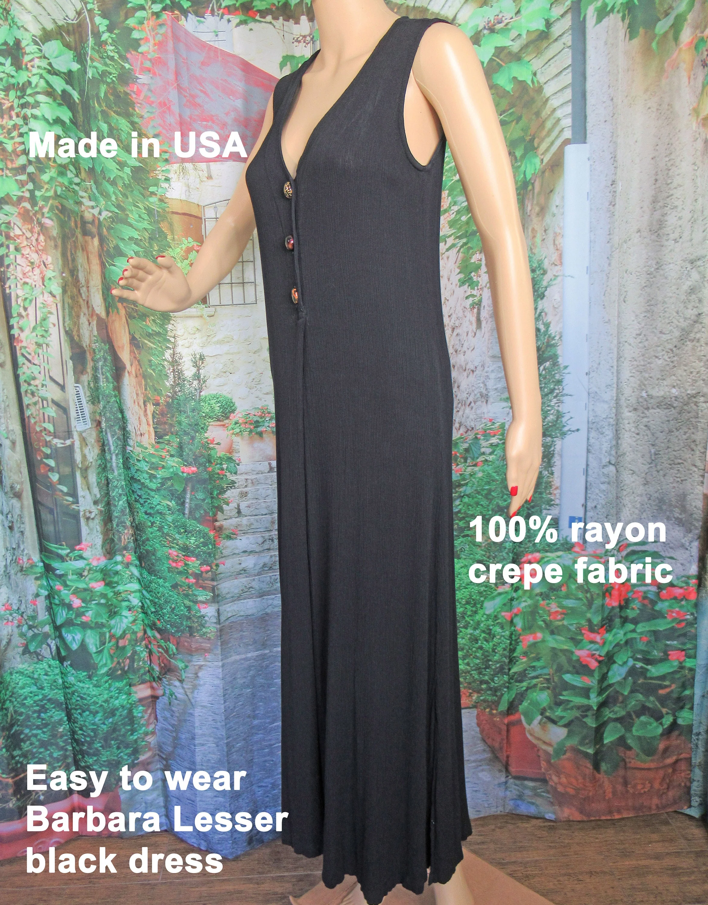 Sz S/m Rayon Crepe Dress 32/36 Bust, Barbara Lesser Sleeveless Black, Made Usa, Low V-Neck, 3 Front Animal Print Buttons, Stretch In Fabric by Barbara Lesser - Image 8