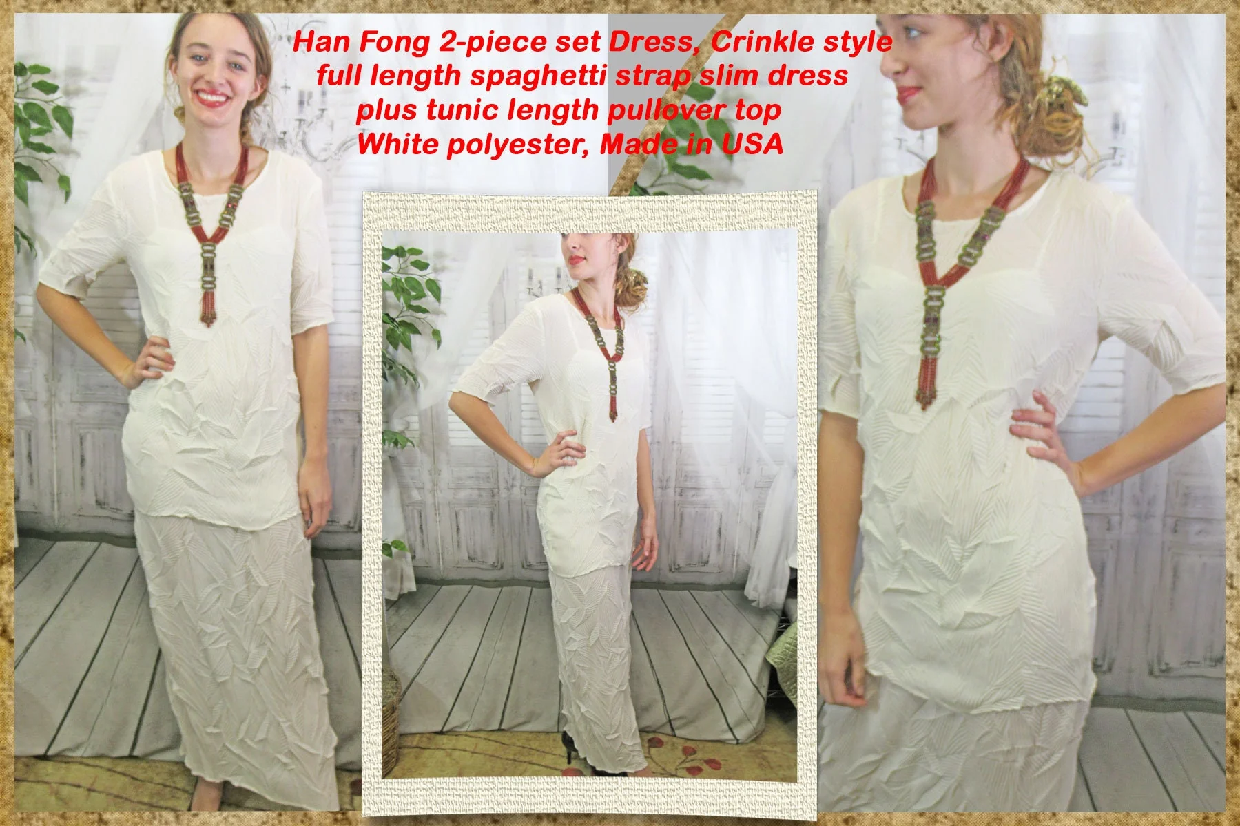 Sz S/m Two Piece Dress Crinkle Style Long Spaghetti Strap Dress and Tunic Length Pullover, Han Fong, White Polyester, Made Usa, Vtg Versatility - Image 2
