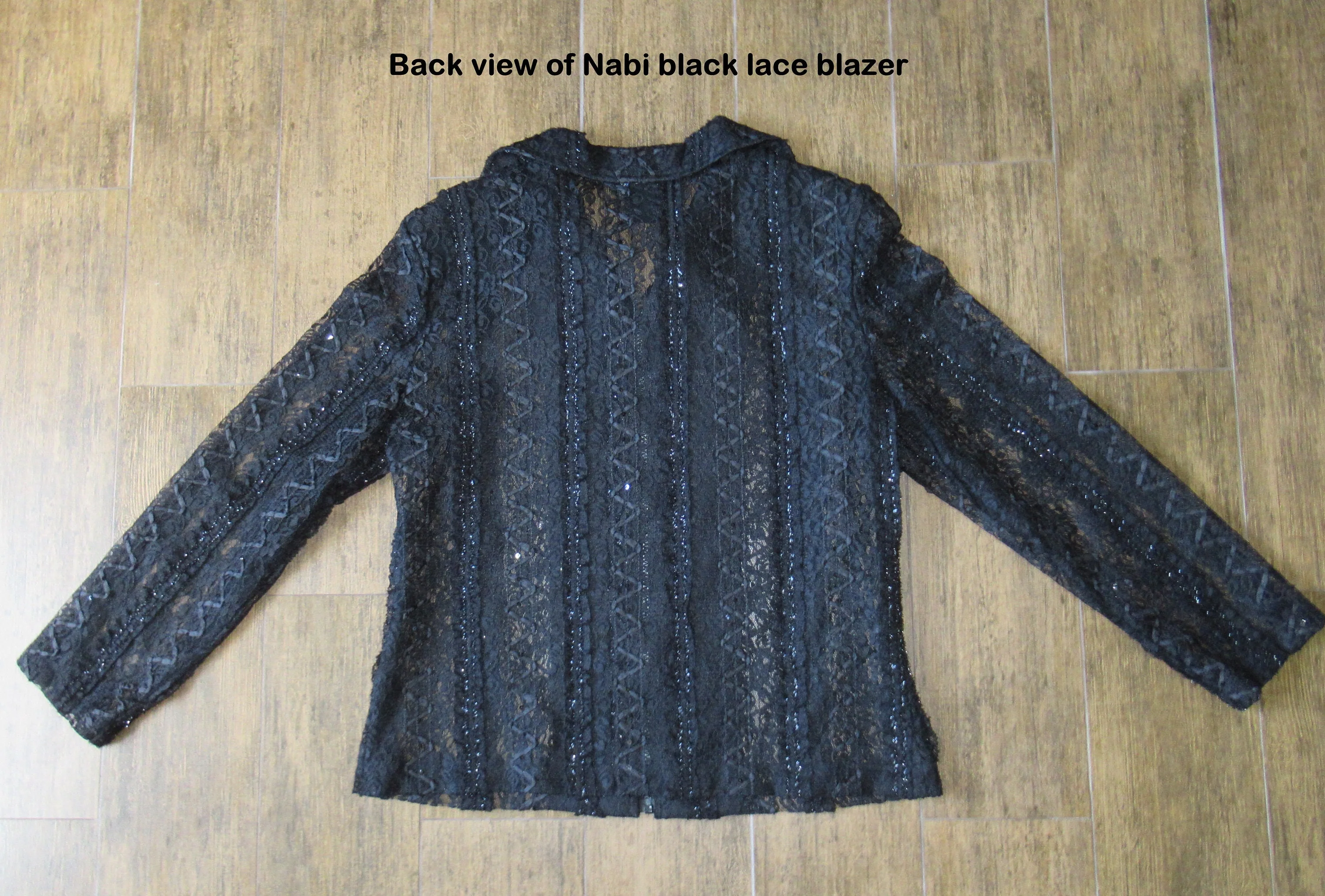 Sz S Nabi Lace Blazer Or Jacket Fits To 41 Bust Sheer Black with Metallic Accents Front Zipper Polyester and Rayon Made In Korea Washable - Image 10