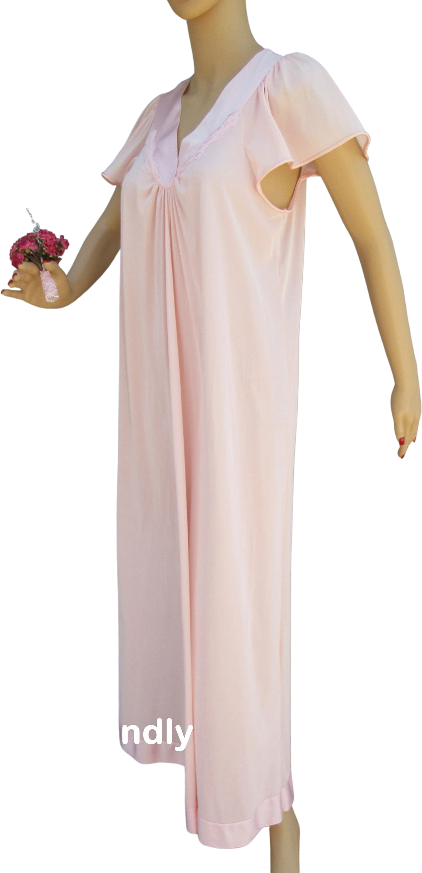 Sz S Nightgown Wide Cut Cap Sleeve Fits To 36 Inch Bust Pastel Pink Nylon Long Satin V-Neck and Hem Made In Usa Vtg by Vanity Fair