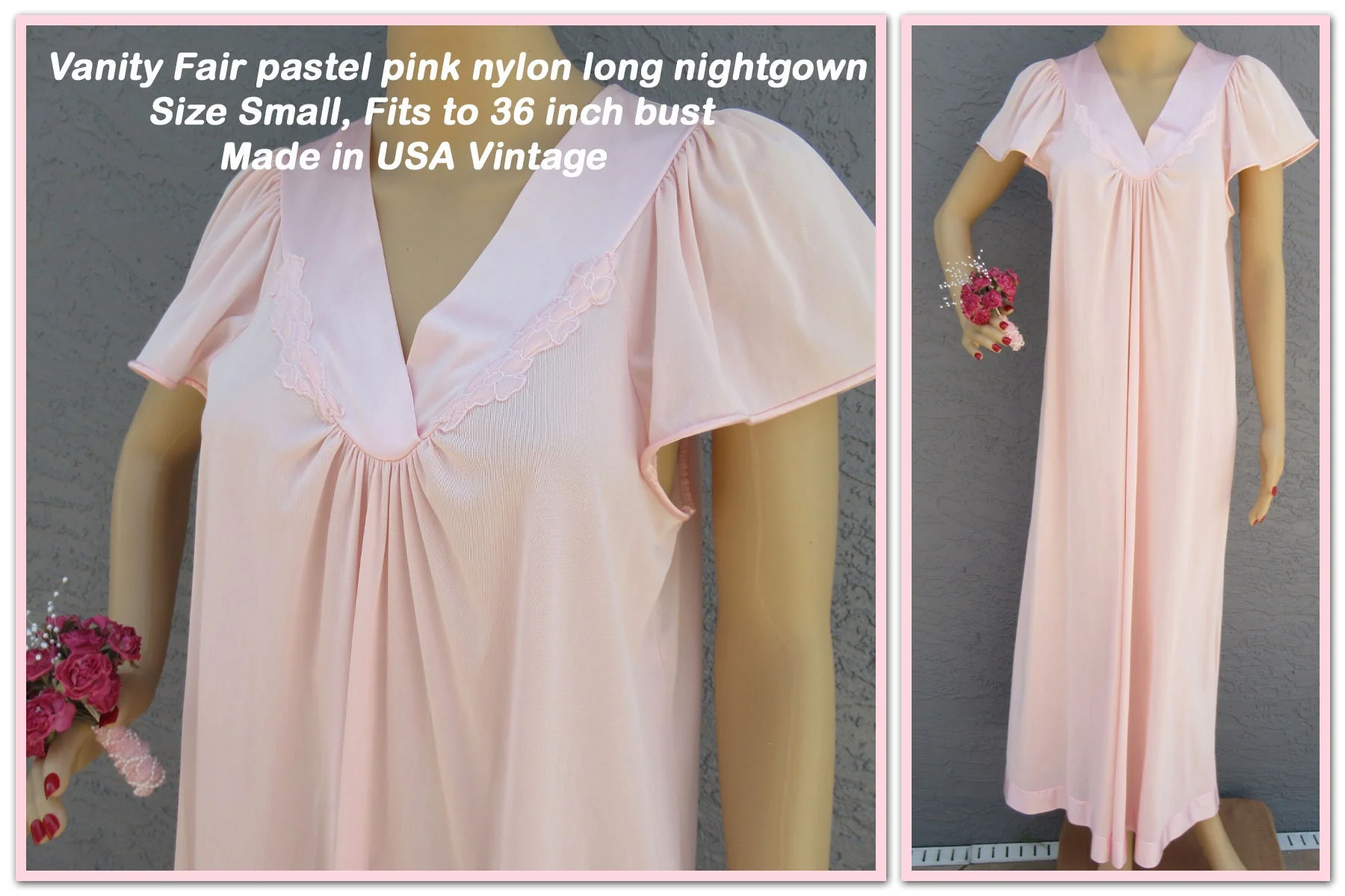 Sz S Nightgown Wide Cut Cap Sleeve Fits To 36 Inch Bust Pastel Pink Nylon Long Satin V-Neck and Hem Made In Usa Vtg by Vanity Fair - Image 2