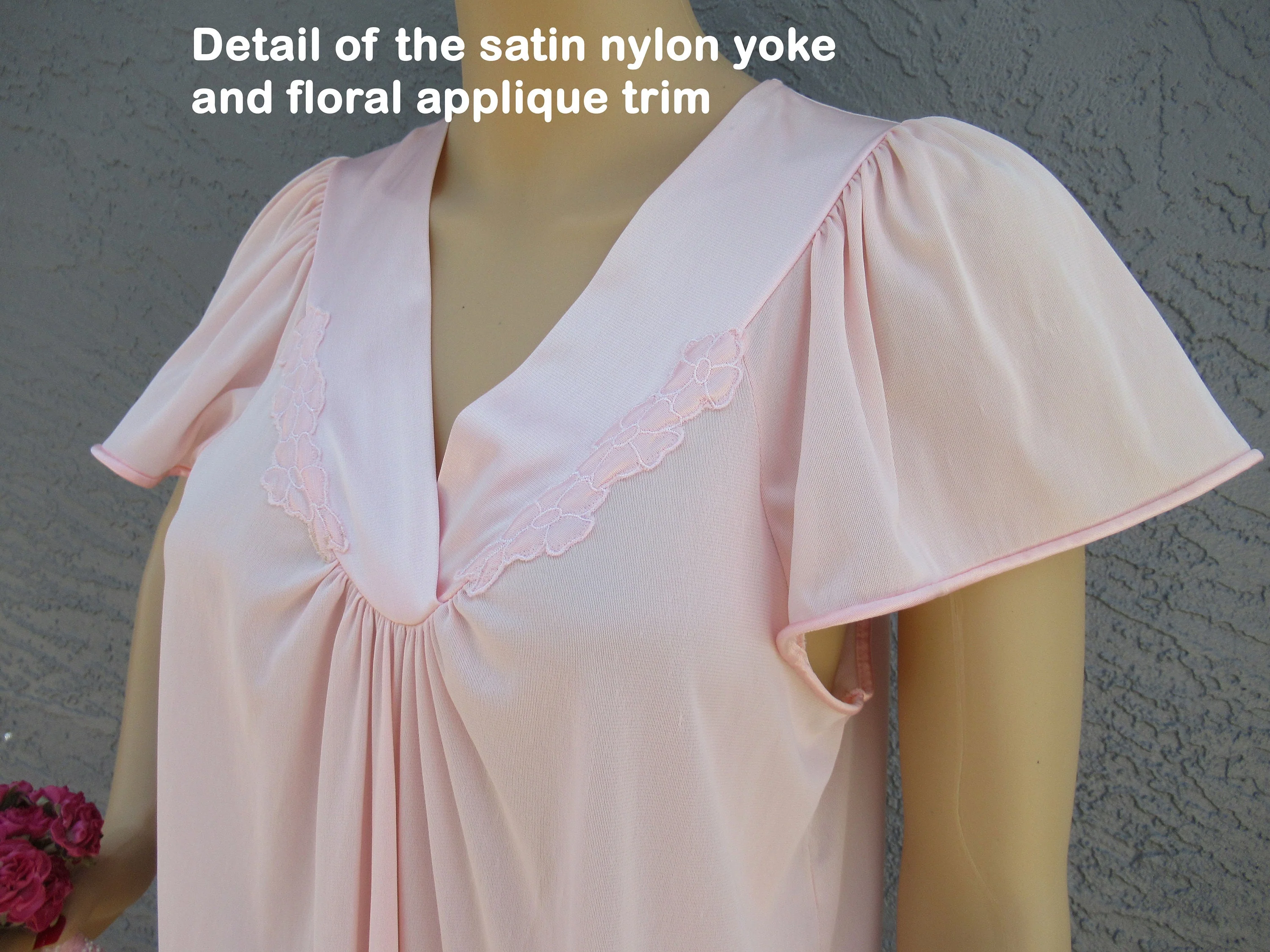 Sz S Nightgown Wide Cut Cap Sleeve Fits To 36 Inch Bust Pastel Pink Nylon Long Satin V-Neck and Hem Made In Usa Vtg by Vanity Fair - Image 3