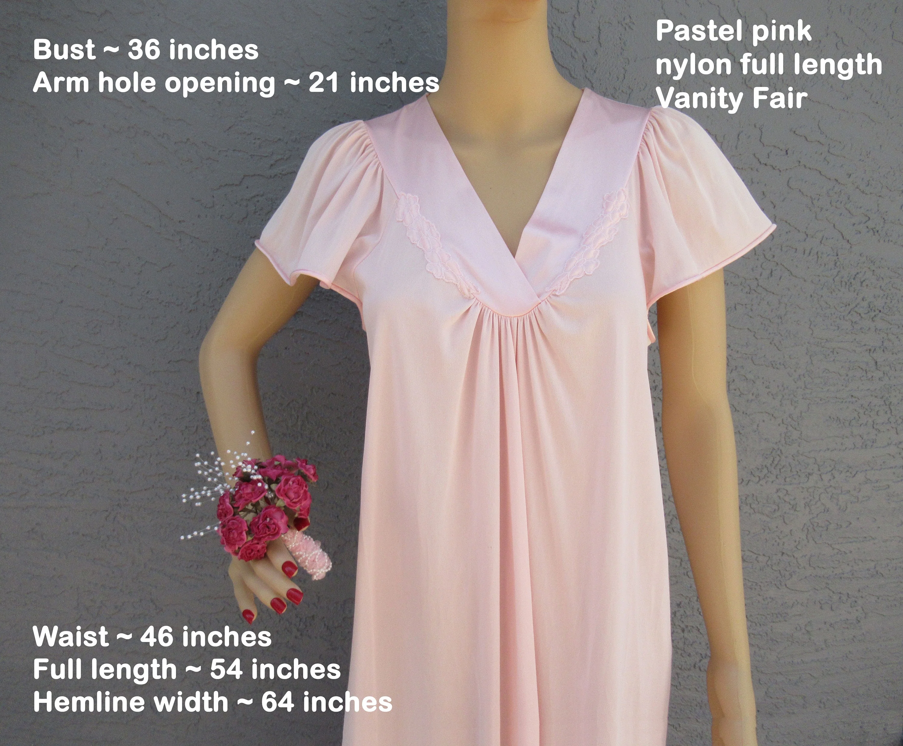 Sz S Nightgown Wide Cut Cap Sleeve Fits To 36 Inch Bust Pastel Pink Nylon Long Satin V-Neck and Hem Made In Usa Vtg by Vanity Fair - Image 4