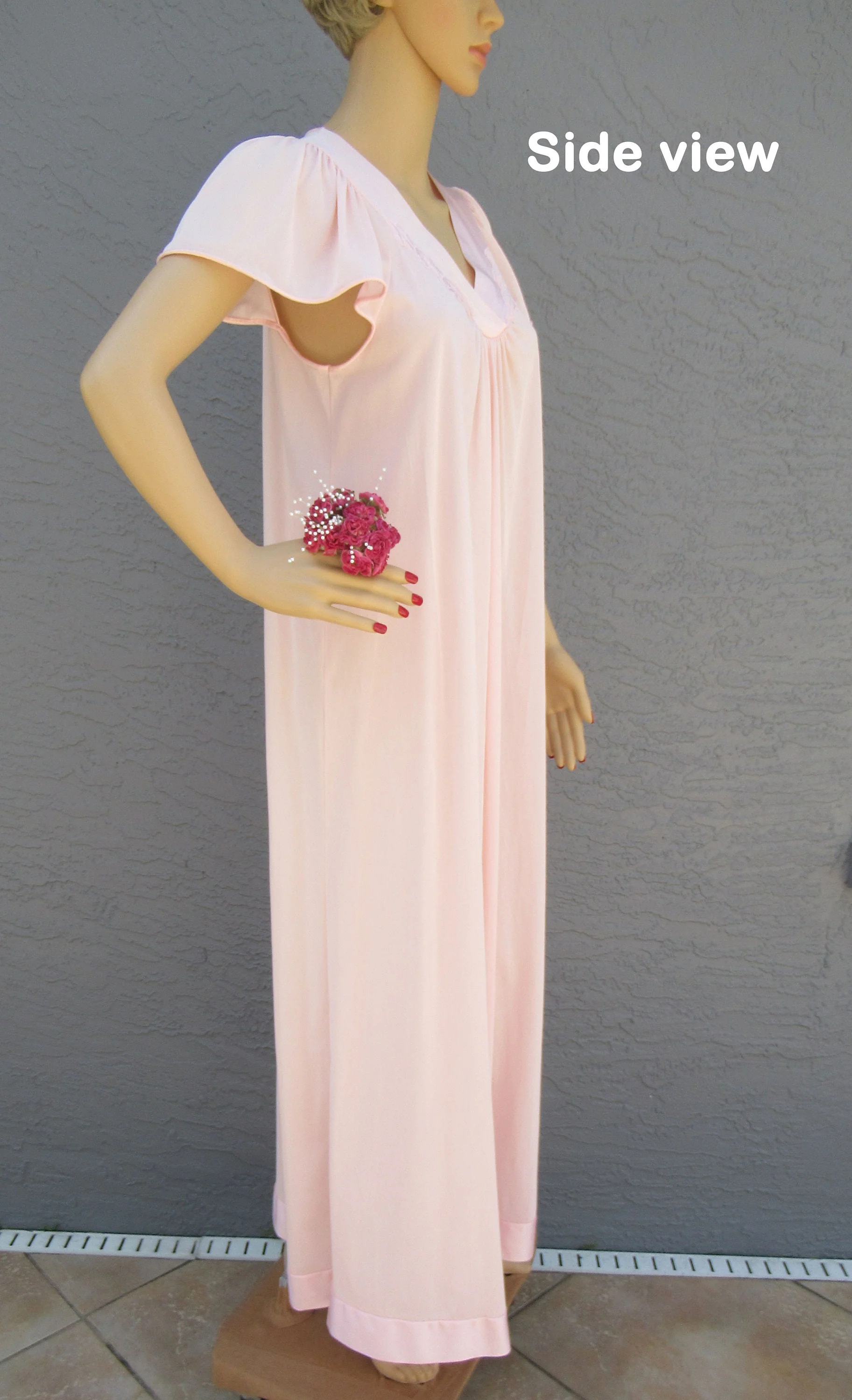 Sz S Nightgown Wide Cut Cap Sleeve Fits To 36 Inch Bust Pastel Pink Nylon Long Satin V-Neck and Hem Made In Usa Vtg by Vanity Fair - Image 5