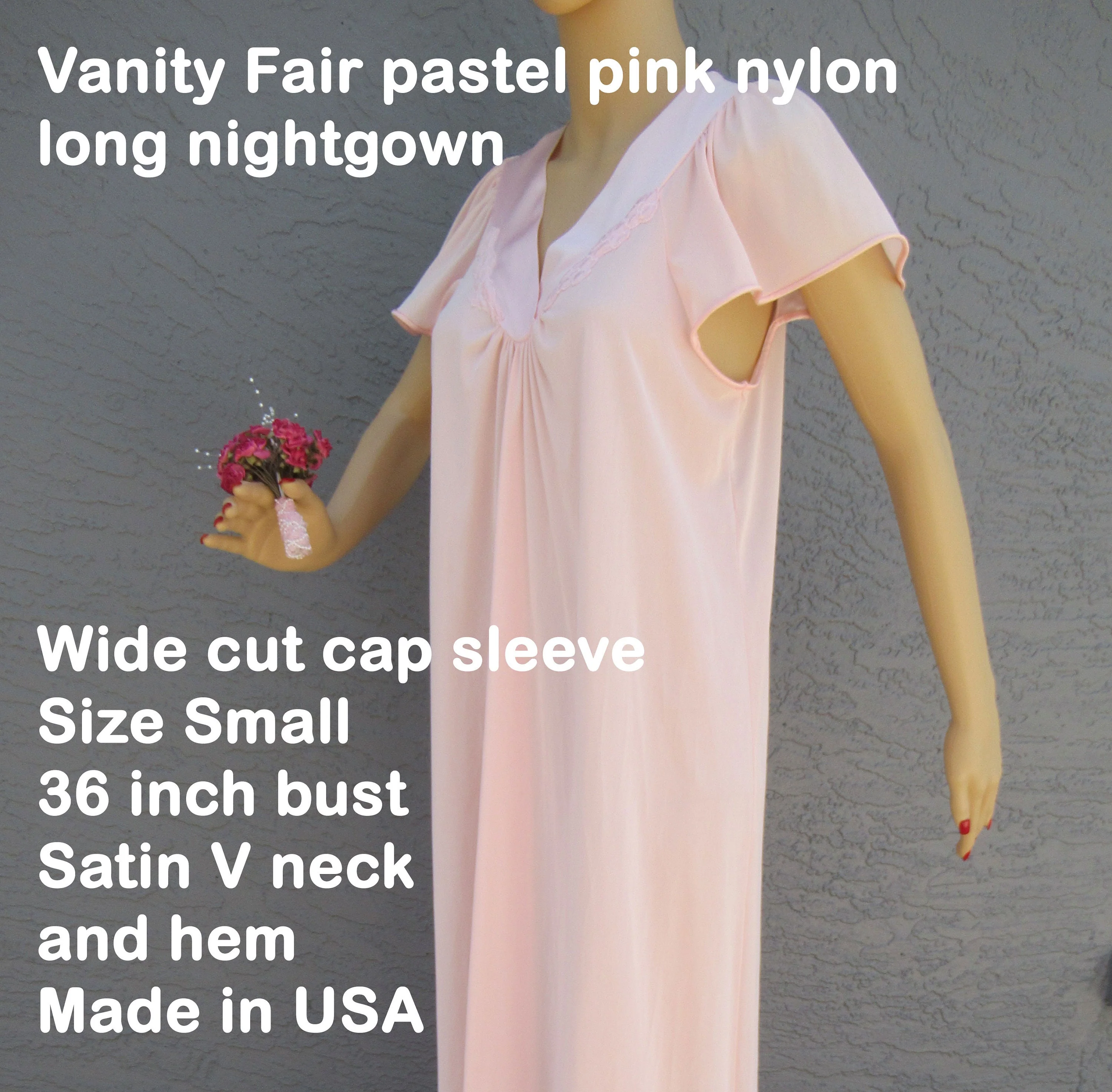 Sz S Nightgown Wide Cut Cap Sleeve Fits To 36 Inch Bust Pastel Pink Nylon Long Satin V-Neck and Hem Made In Usa Vtg by Vanity Fair - Image 6