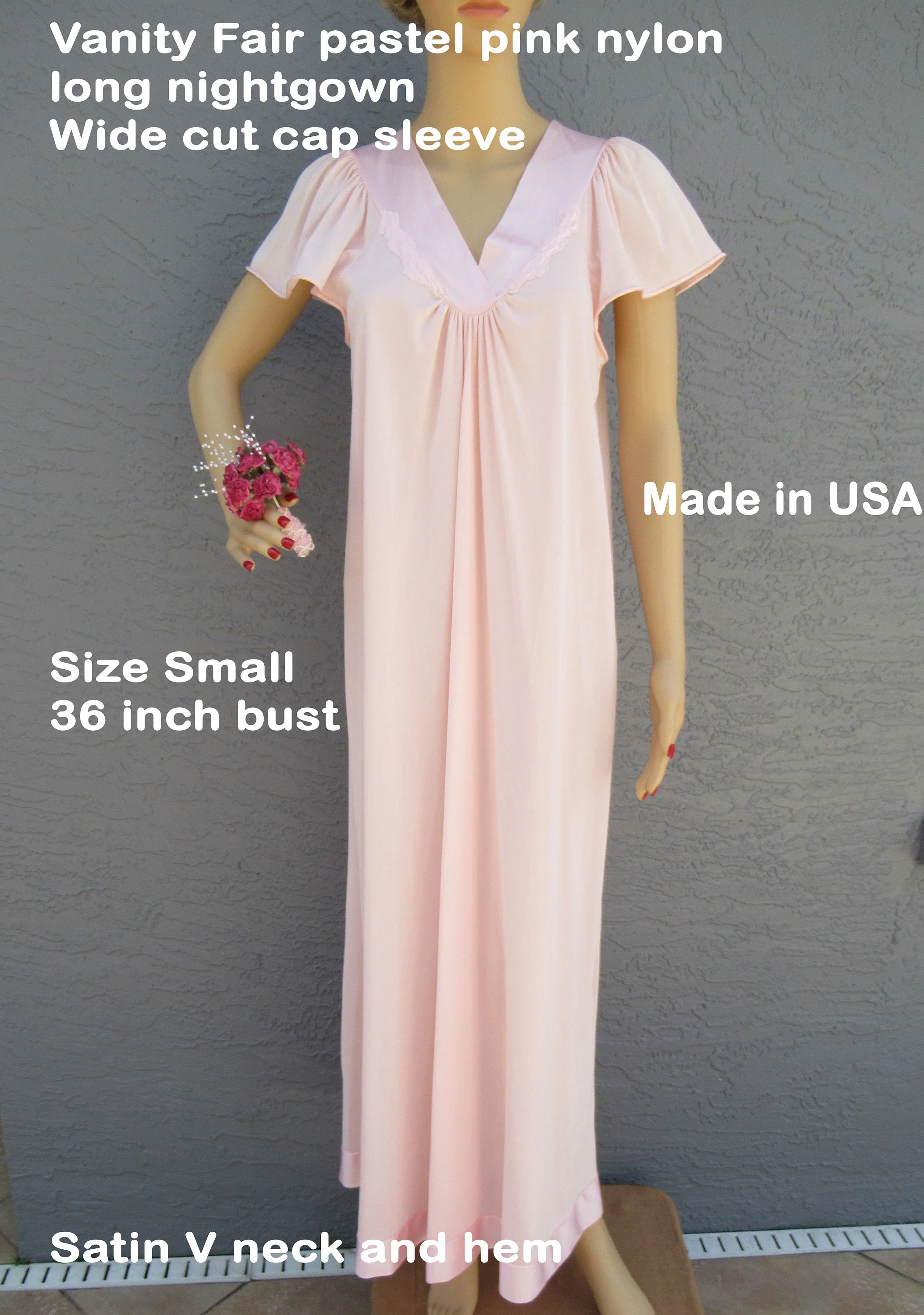 Sz S Nightgown Wide Cut Cap Sleeve Fits To 36 Inch Bust Pastel Pink Nylon Long Satin V-Neck and Hem Made In Usa Vtg by Vanity Fair - Image 7