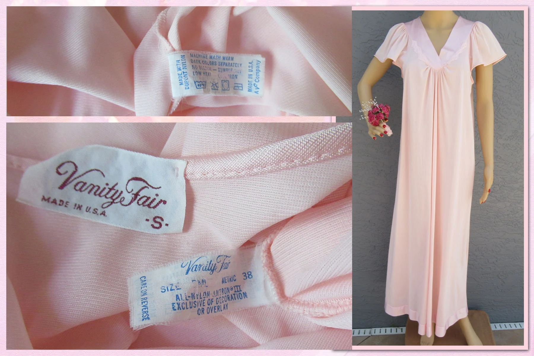 Sz S Nightgown Wide Cut Cap Sleeve Fits To 36 Inch Bust Pastel Pink Nylon Long Satin V-Neck and Hem Made In Usa Vtg by Vanity Fair - Image 9