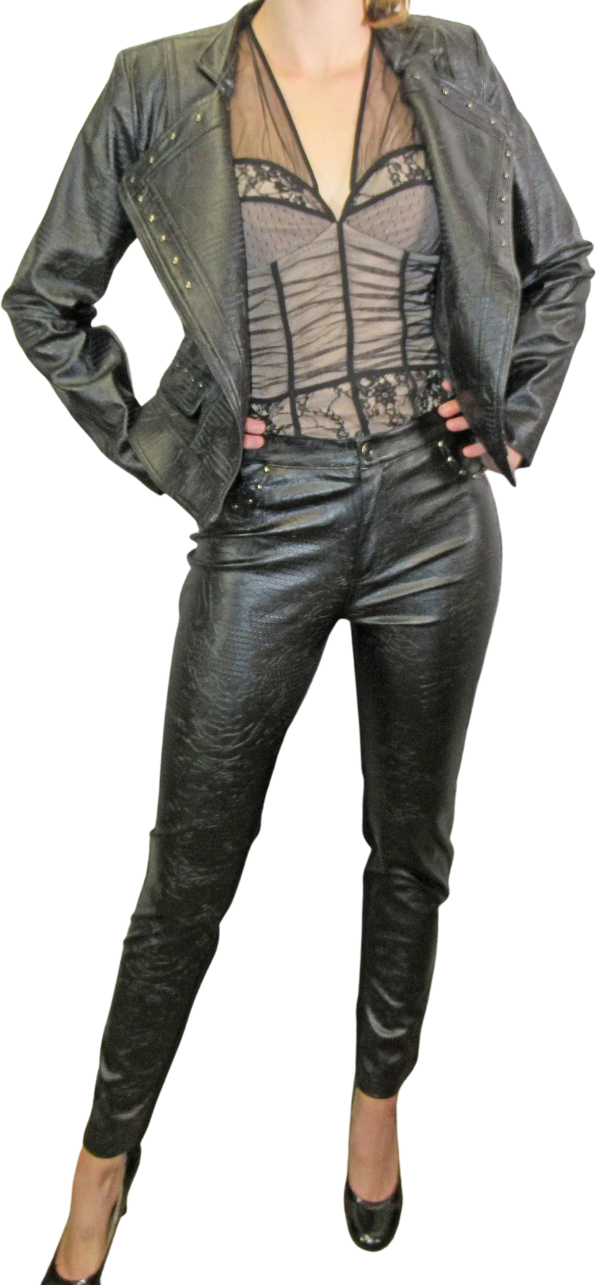 Sz S Pants Suit Faux Leather, Zip Front Jacket and Slim Stretch Pants, Black with Silver Studs, Bella Sky, 36 Inch Bust, Bonus Sheer Top, Vtg