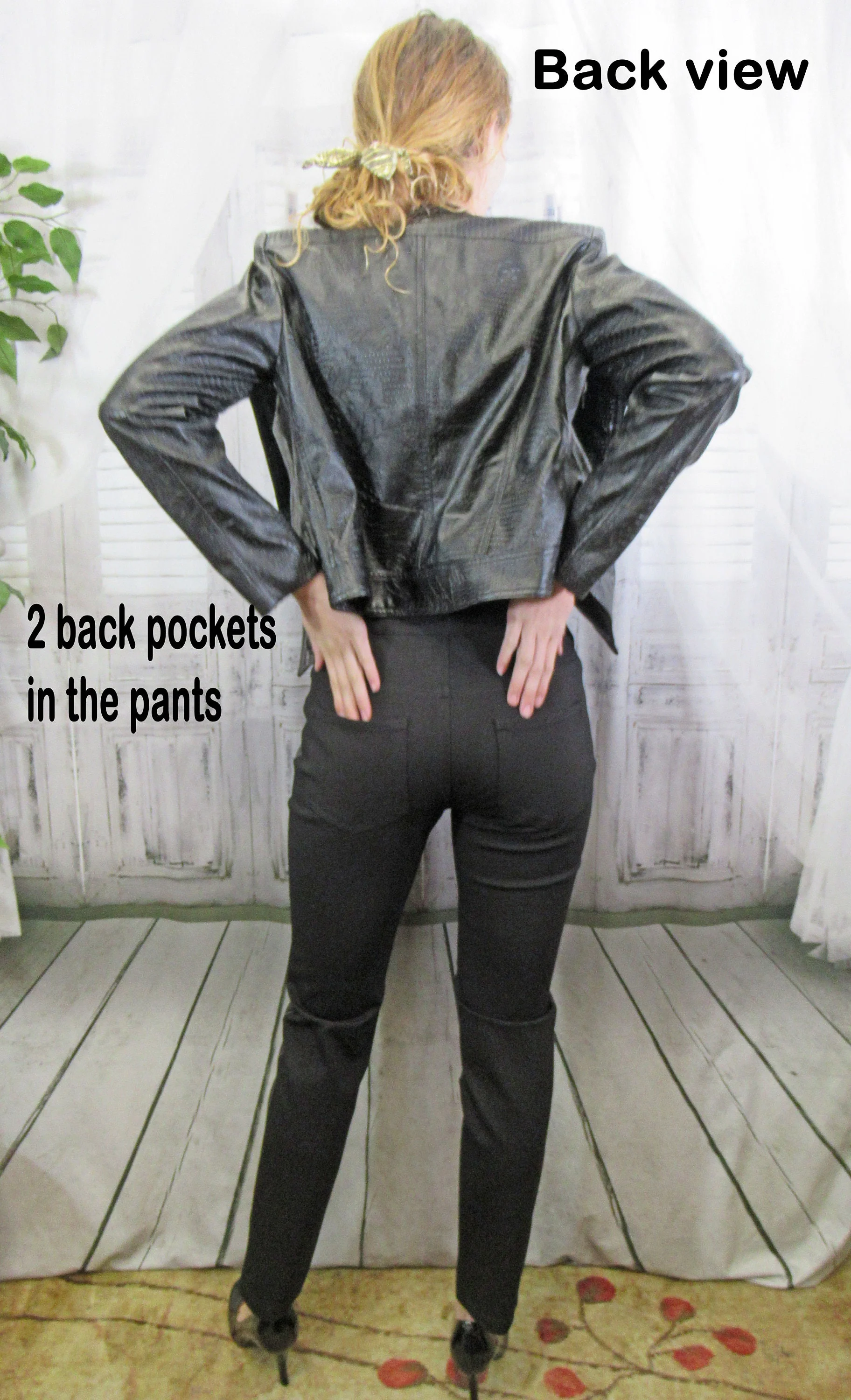 Sz S Pants Suit Faux Leather, Zip Front Jacket and Slim Stretch Pants, Black with Silver Studs, Bella Sky, 36 Inch Bust, Bonus Sheer Top, Vtg - Image 10