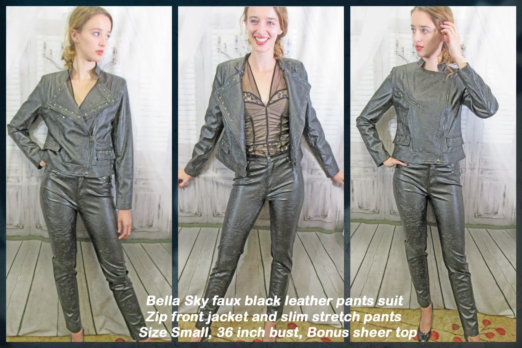 Sz S Pants Suit Faux Leather, Zip Front Jacket and Slim Stretch Pants, Black with Silver Studs, Bella Sky, 36 Inch Bust, Bonus Sheer Top, Vtg - Image 2