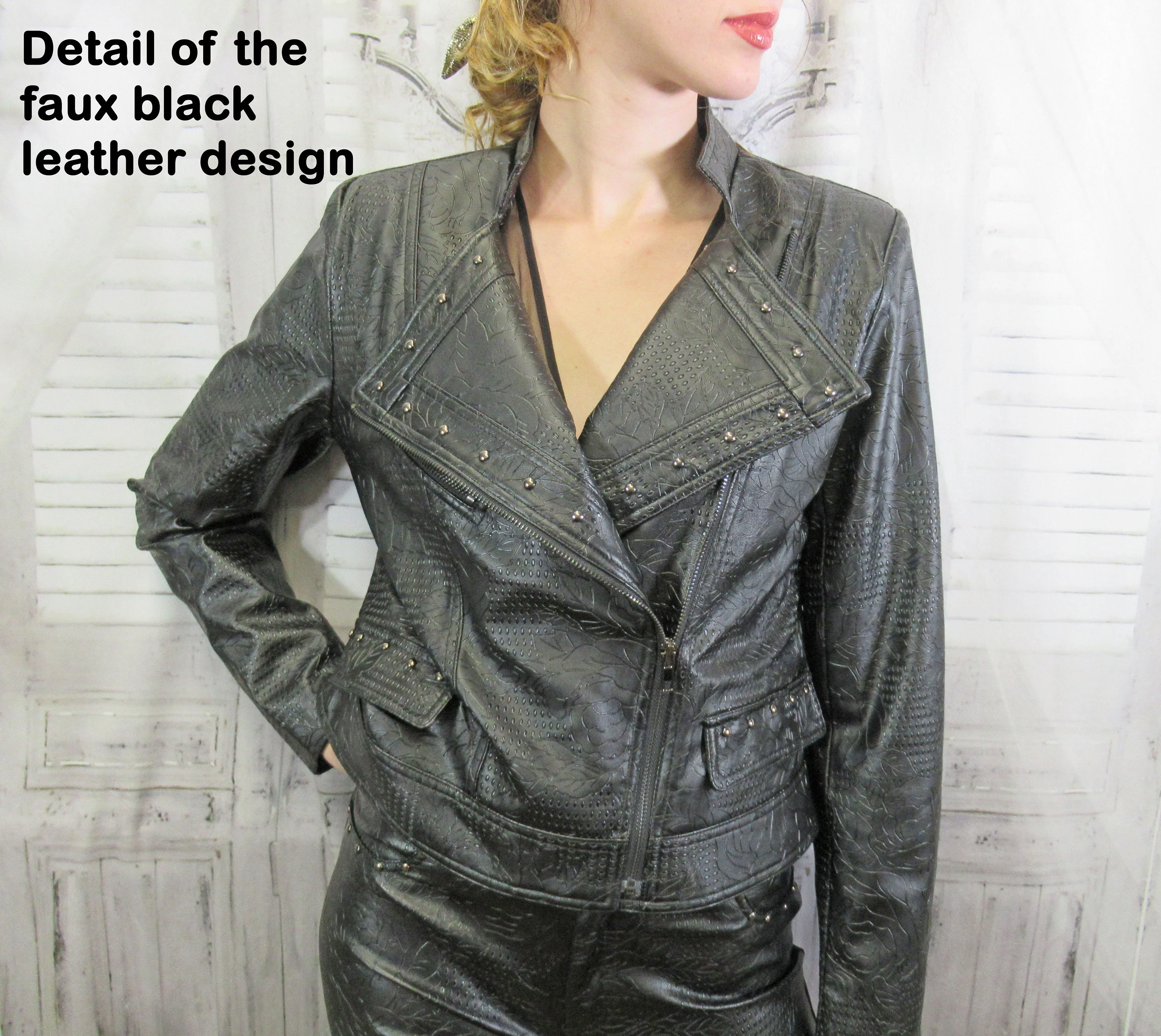 Sz S Pants Suit Faux Leather, Zip Front Jacket and Slim Stretch Pants, Black with Silver Studs, Bella Sky, 36 Inch Bust, Bonus Sheer Top, Vtg - Image 3