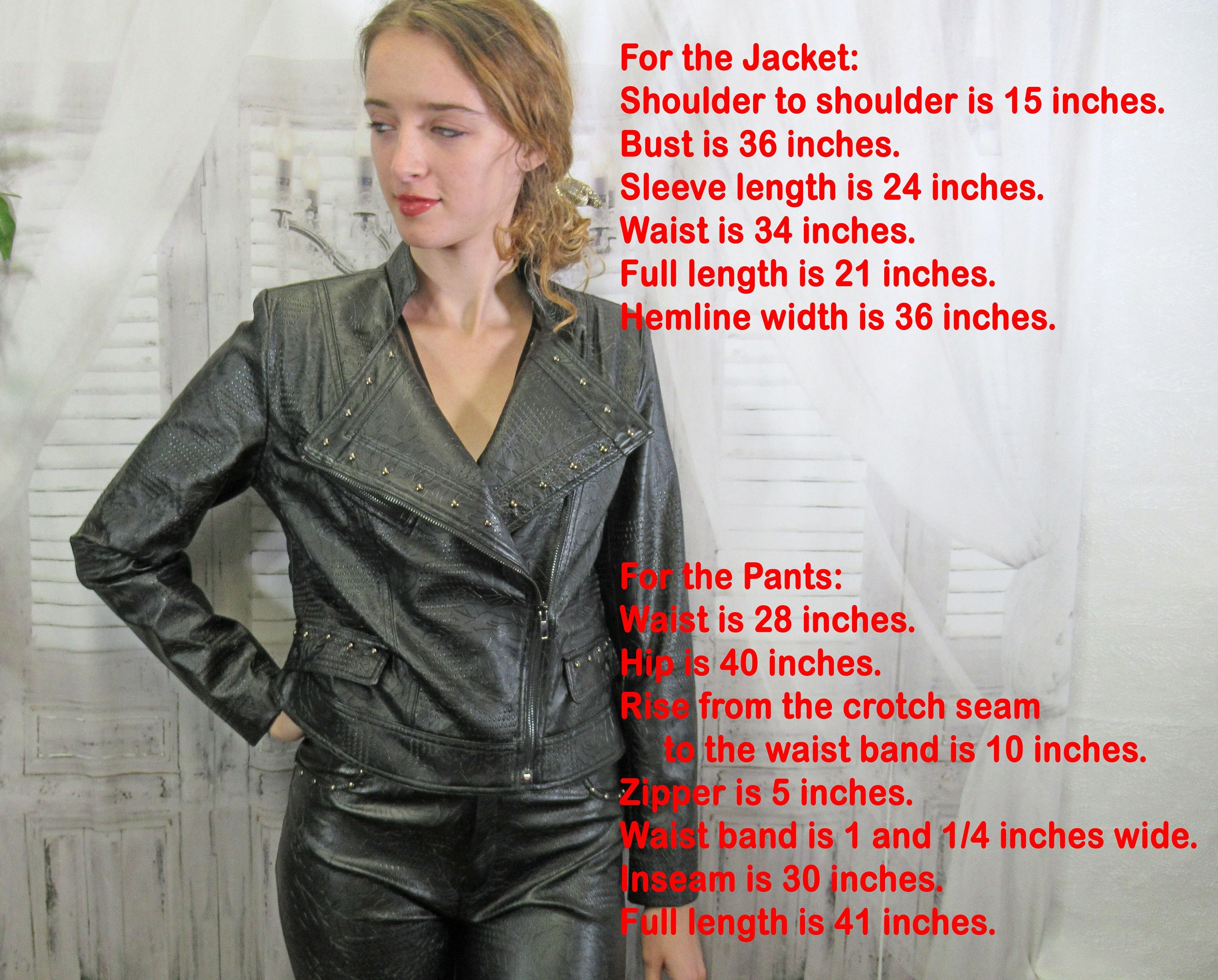 Sz S Pants Suit Faux Leather, Zip Front Jacket and Slim Stretch Pants, Black with Silver Studs, Bella Sky, 36 Inch Bust, Bonus Sheer Top, Vtg - Image 4