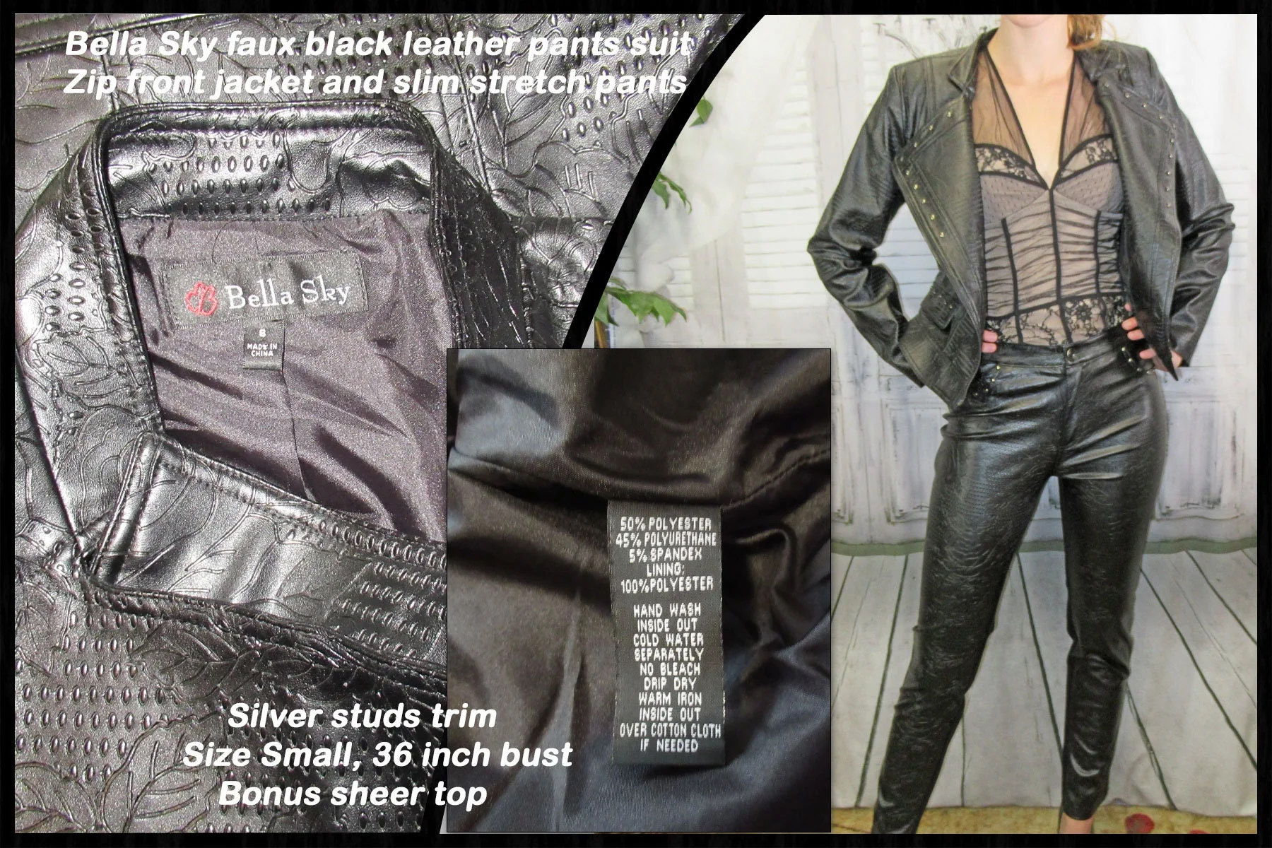 Sz S Pants Suit Faux Leather, Zip Front Jacket and Slim Stretch Pants, Black with Silver Studs, Bella Sky, 36 Inch Bust, Bonus Sheer Top, Vtg - Image 6