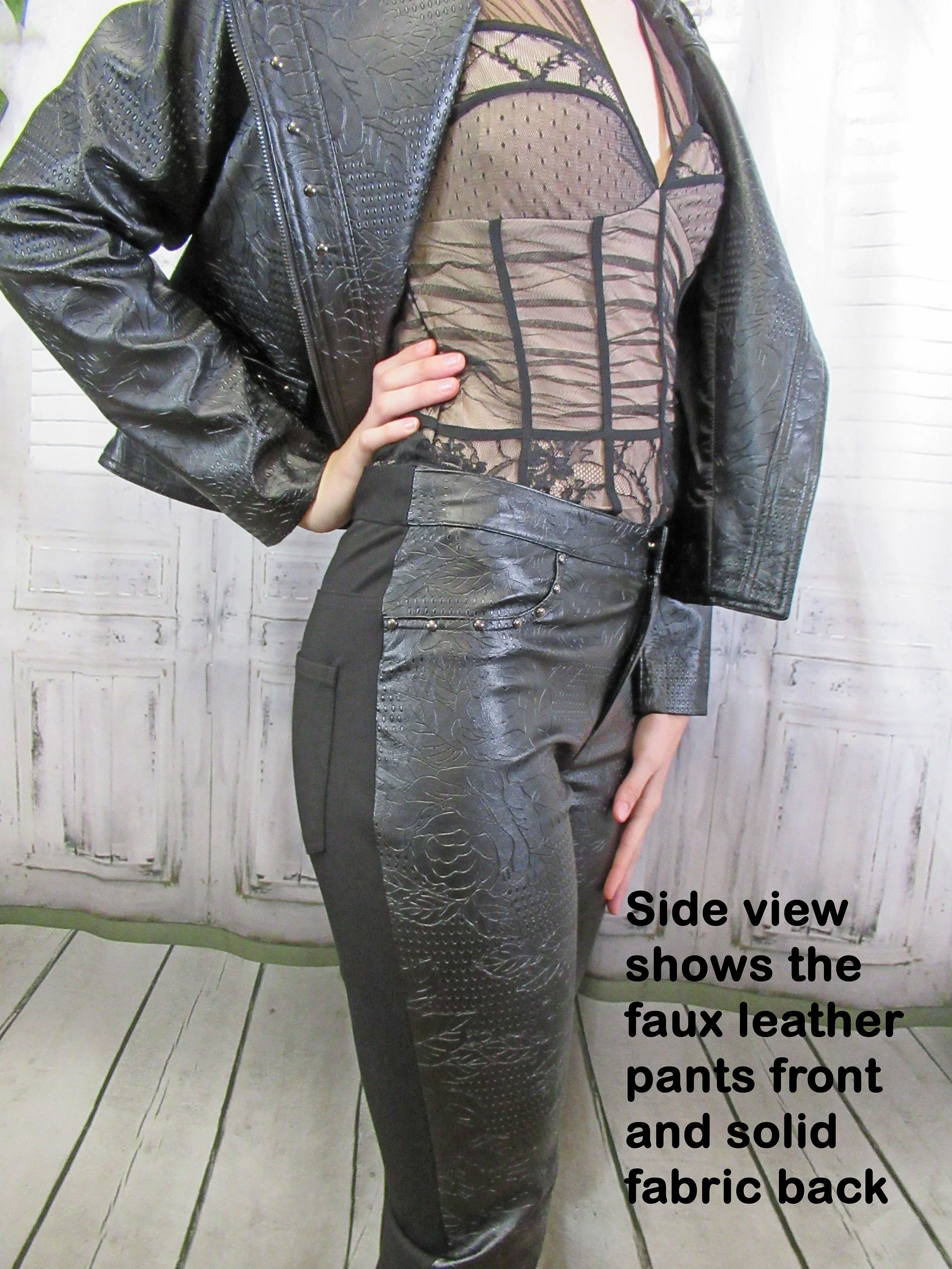 Sz S Pants Suit Faux Leather, Zip Front Jacket and Slim Stretch Pants, Black with Silver Studs, Bella Sky, 36 Inch Bust, Bonus Sheer Top, Vtg - Image 8