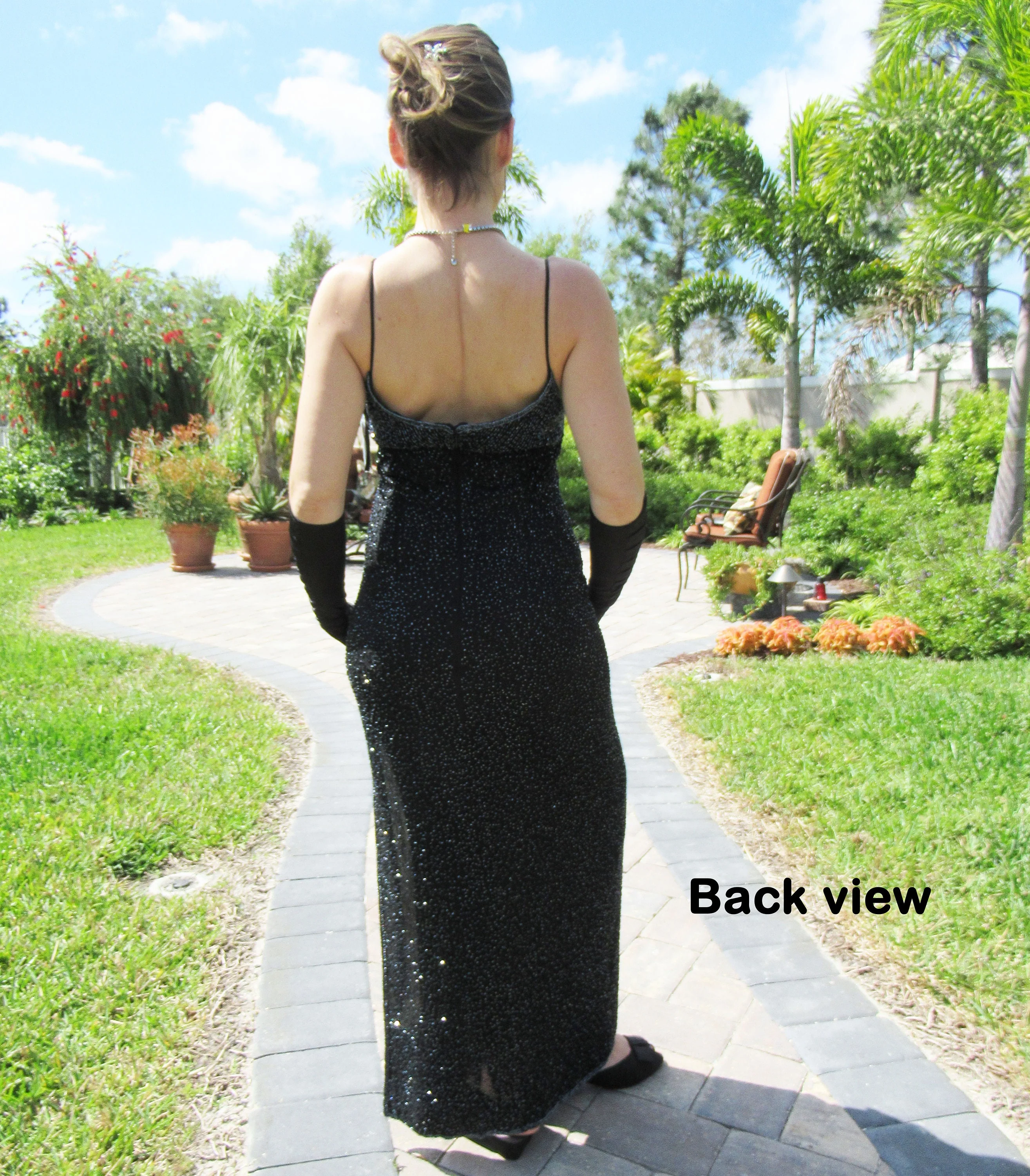 Sz S Party Dress Low V-Neck Spaghetti Strap, Made India, 34 Bust, Polyester Lined, 25 Inch Slit, Beaded Black Silk Sheath by Lawrence Kazar - Image 10